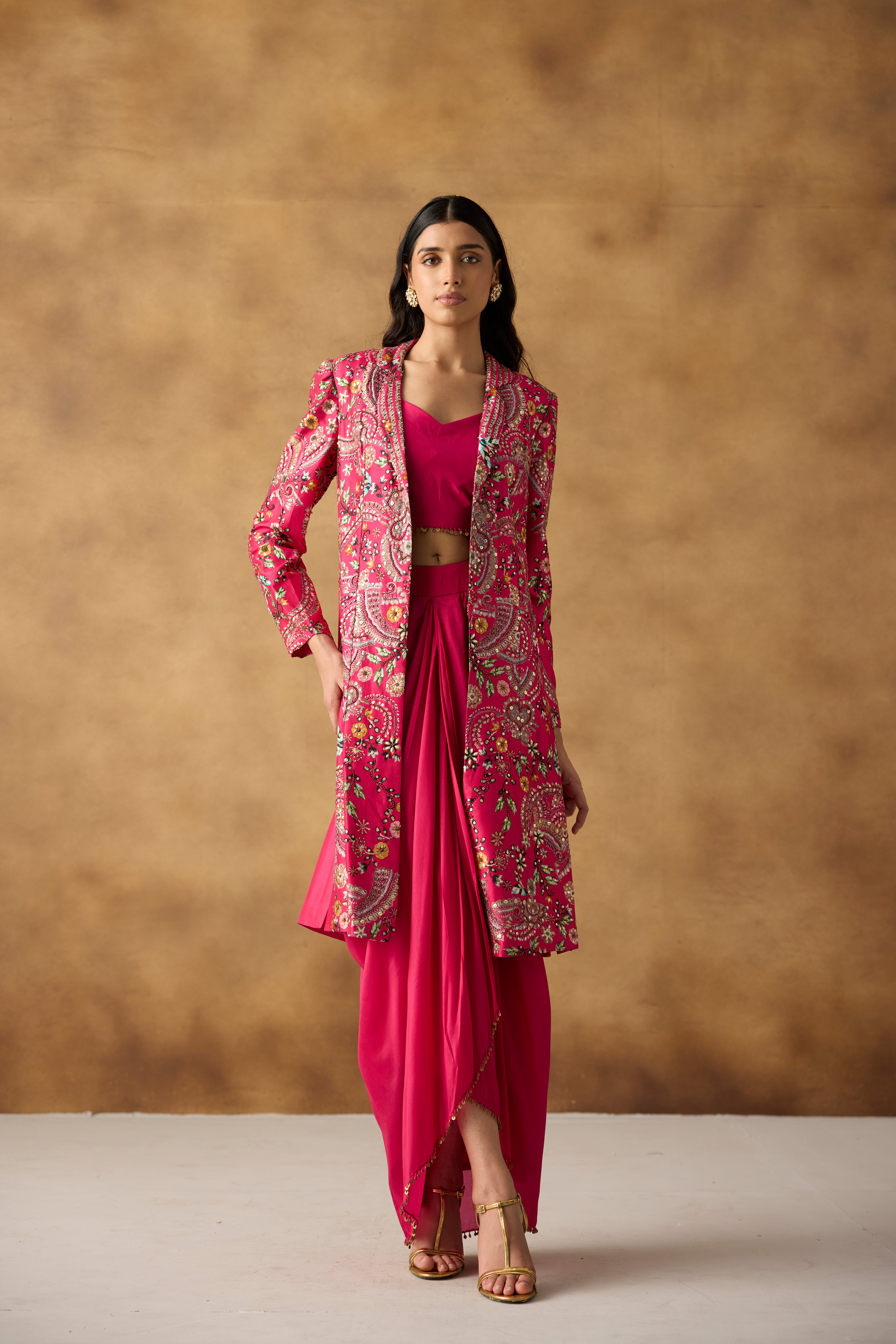 Rani Pink Embellished Chanderi Silk Jacket Skirt Set