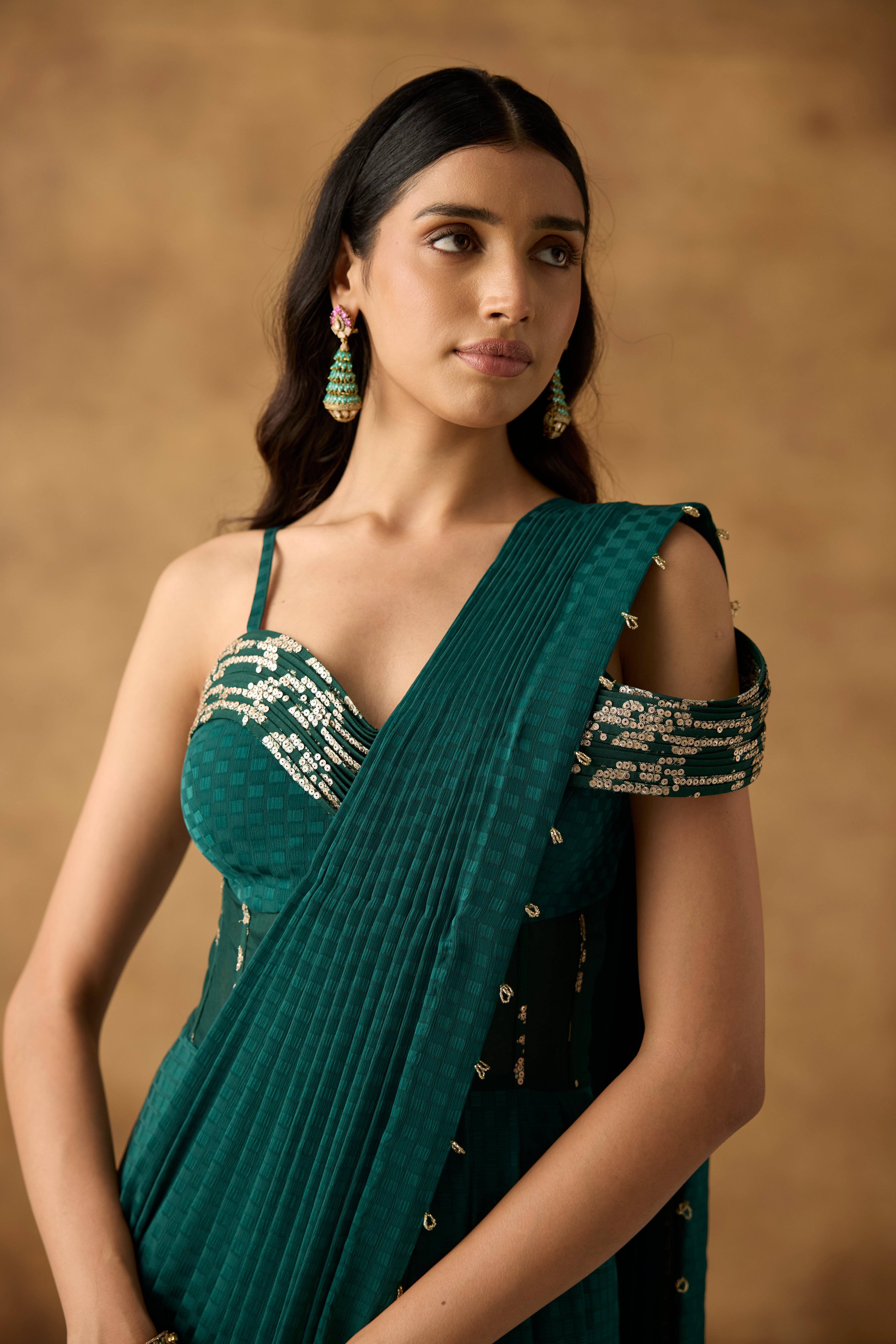 Emerald Green Embellished Georgette Draped Gown