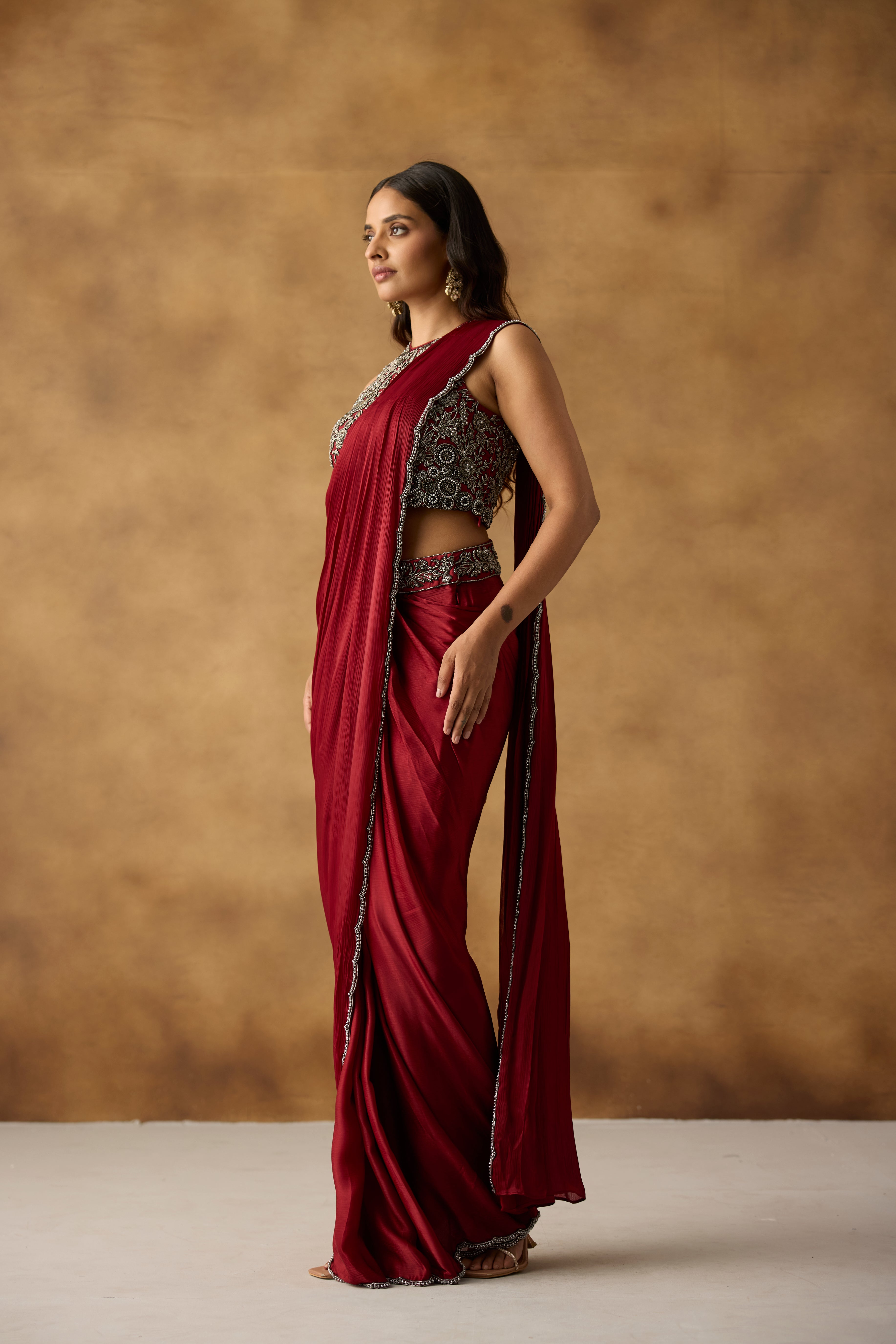 Deep Red Embellished Satin Silk Draped Saree