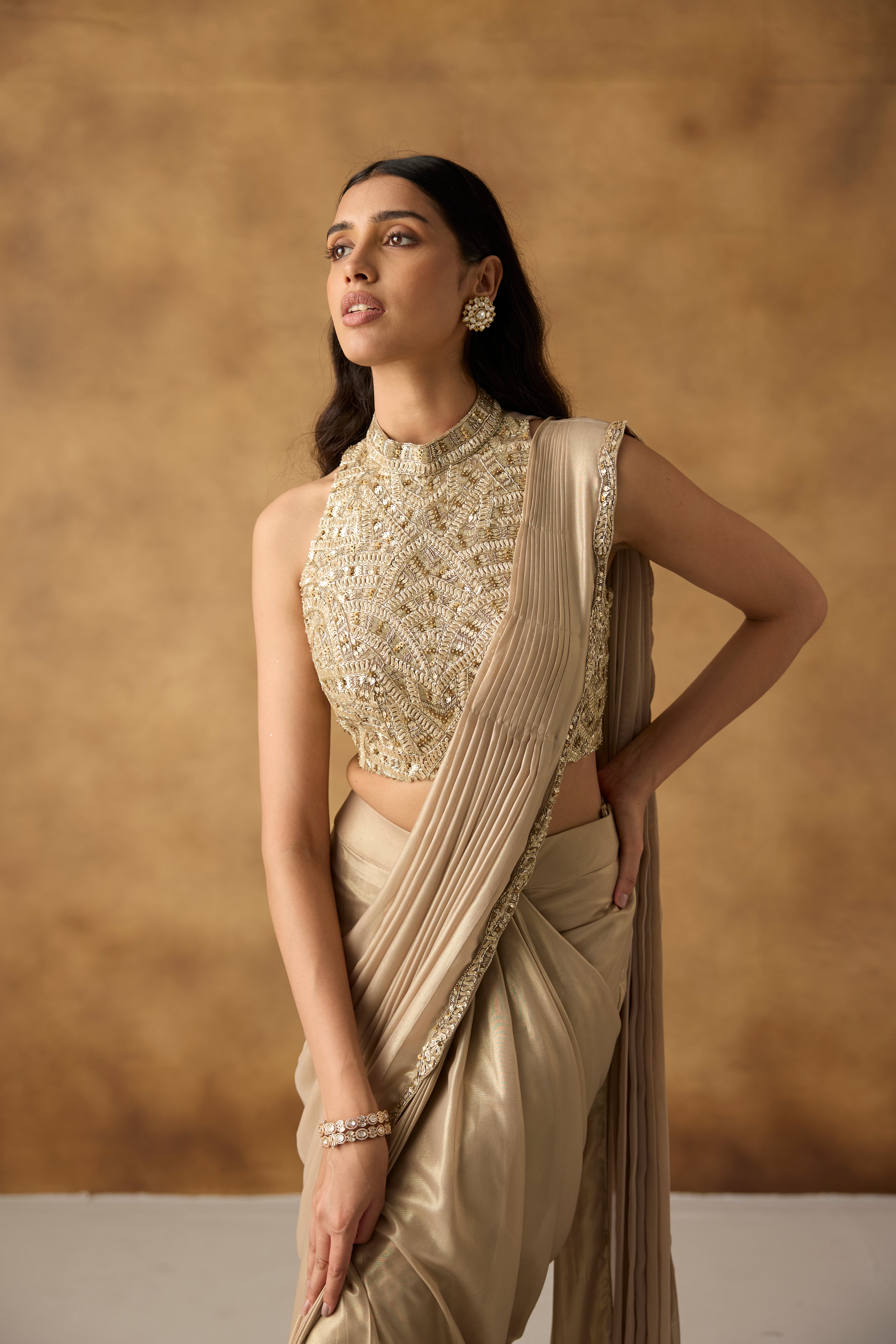 Golden Beige Embellished Shimmer Silk Draped Saree