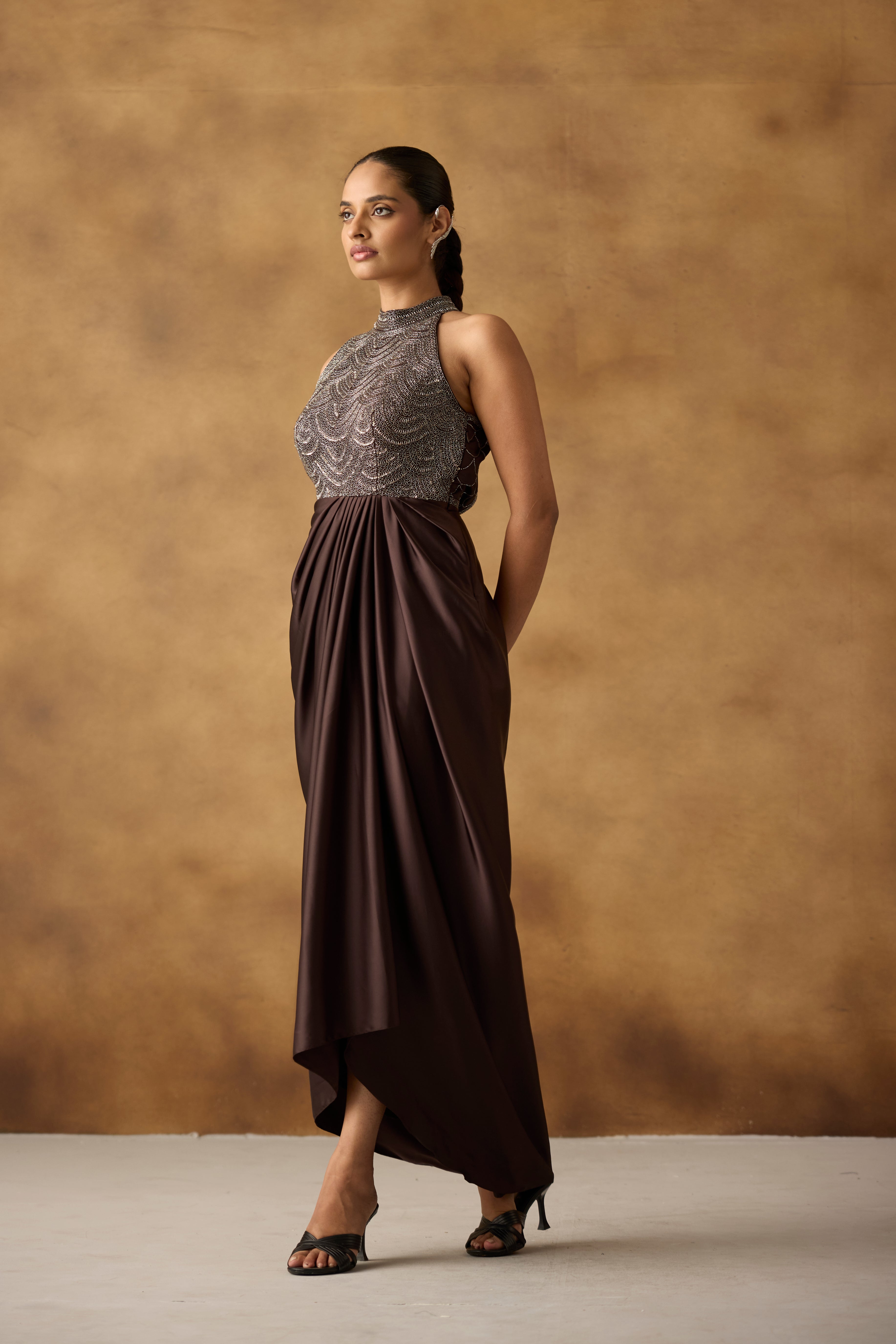 Chocolate Brown Embellished Satin Silk Dress