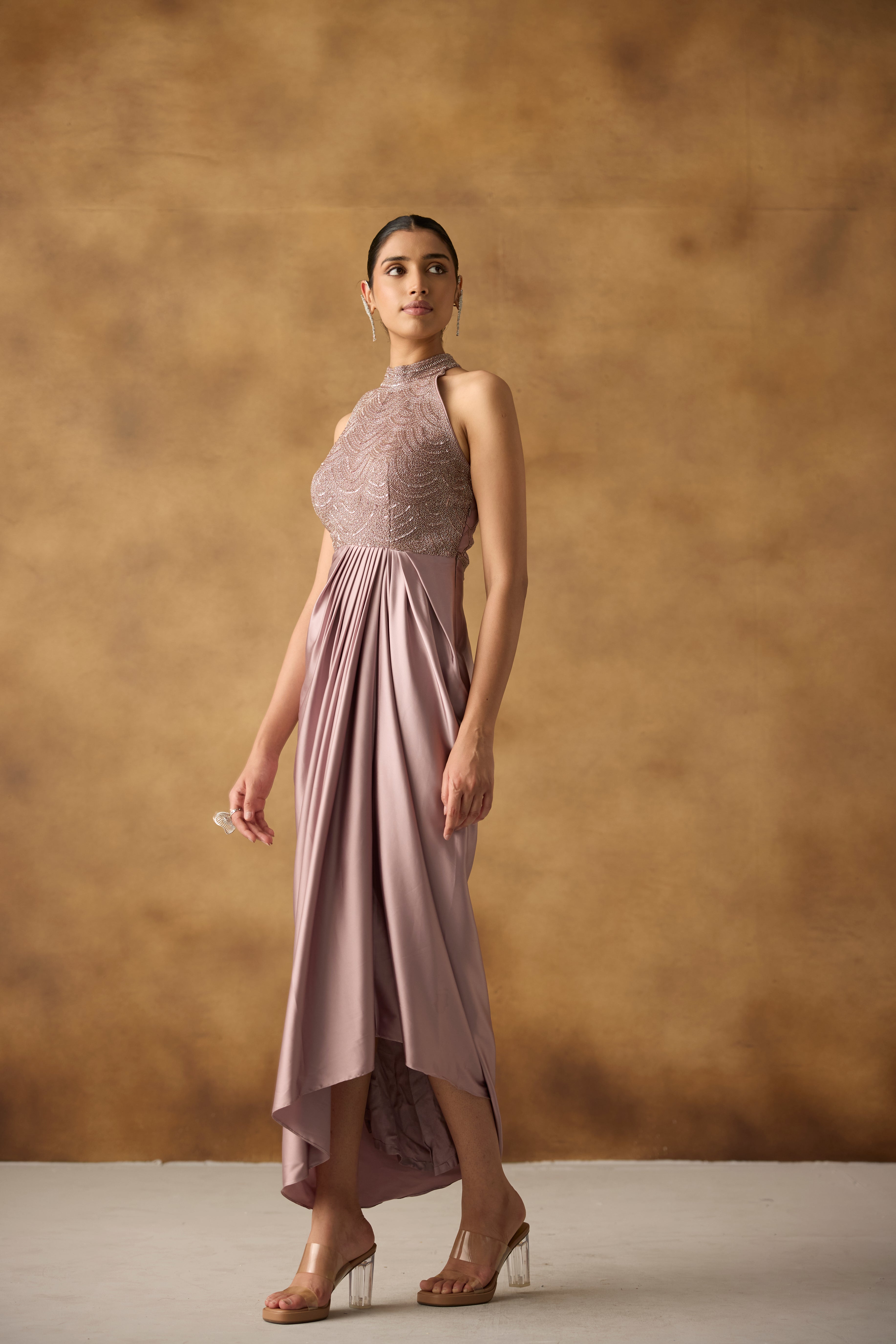 Lilac Embellished Satin Silk Dress