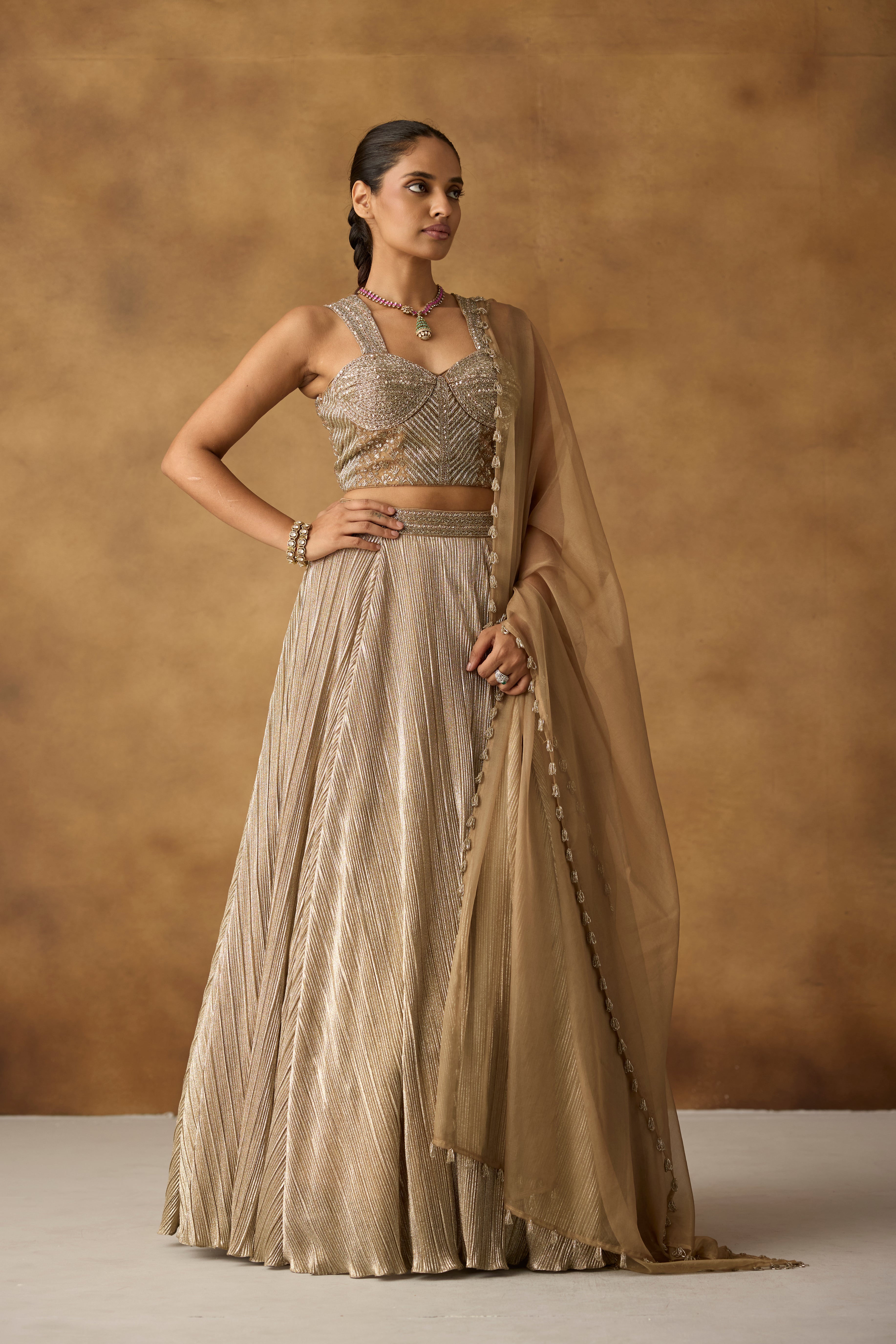 Metallic Gold Embellished Chanderi Silk Lehenga Set