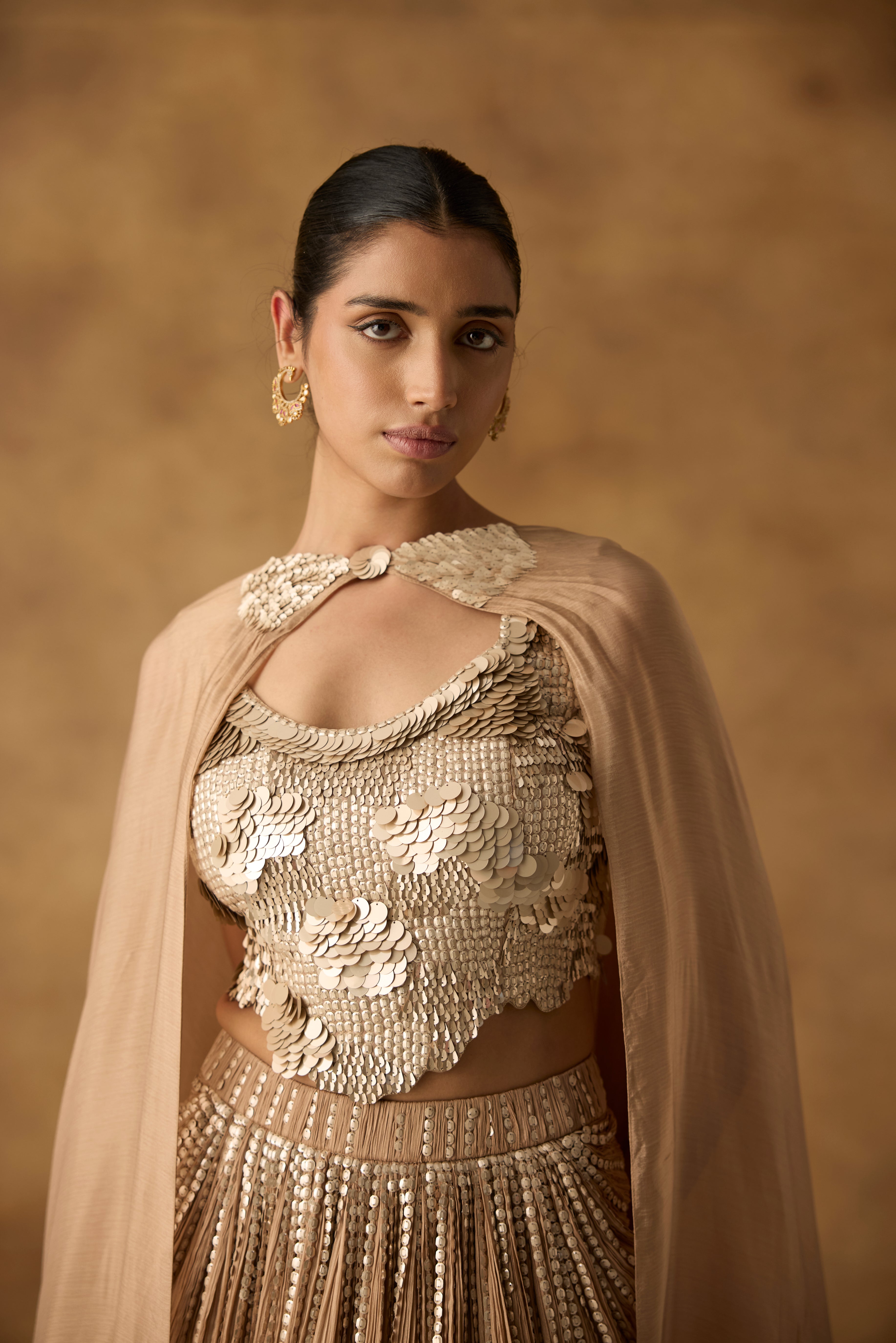 Champagne Beige Embellished Chanderi Silk Skirt Set