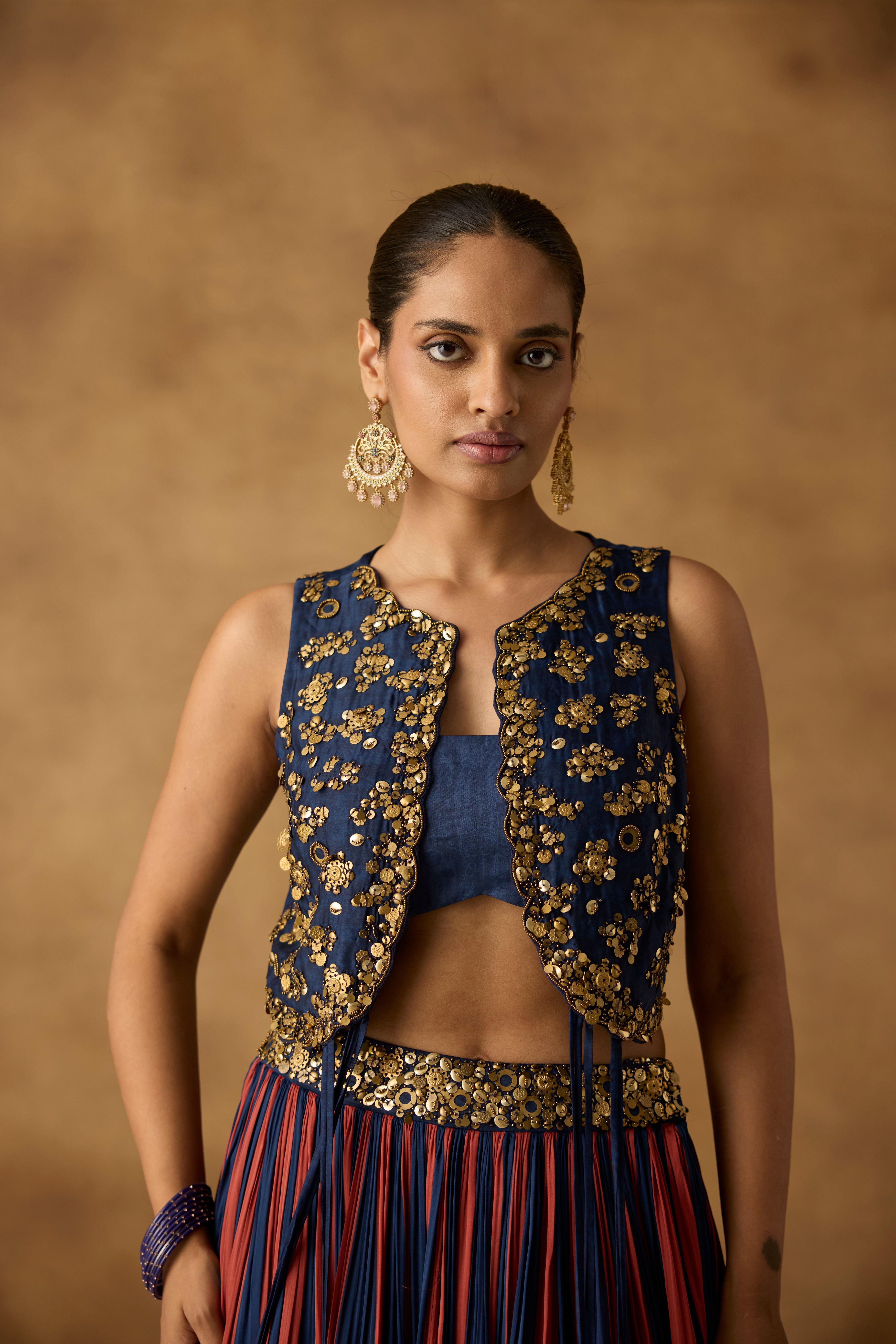 Royal Blue Embellished Satin Silk Skirt Set
