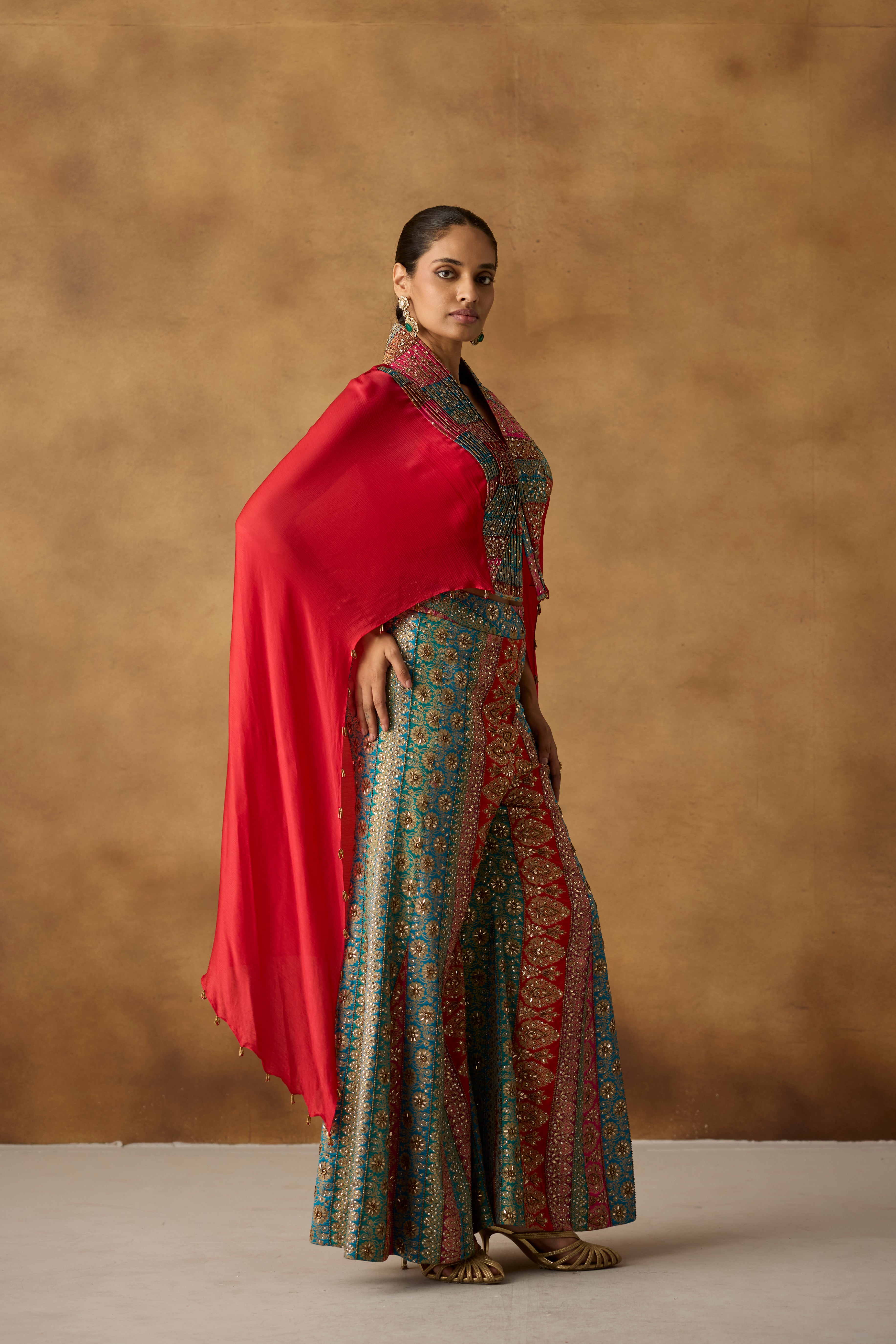 Vibrant Red Embellished Chinon Silk Co-Ord Set