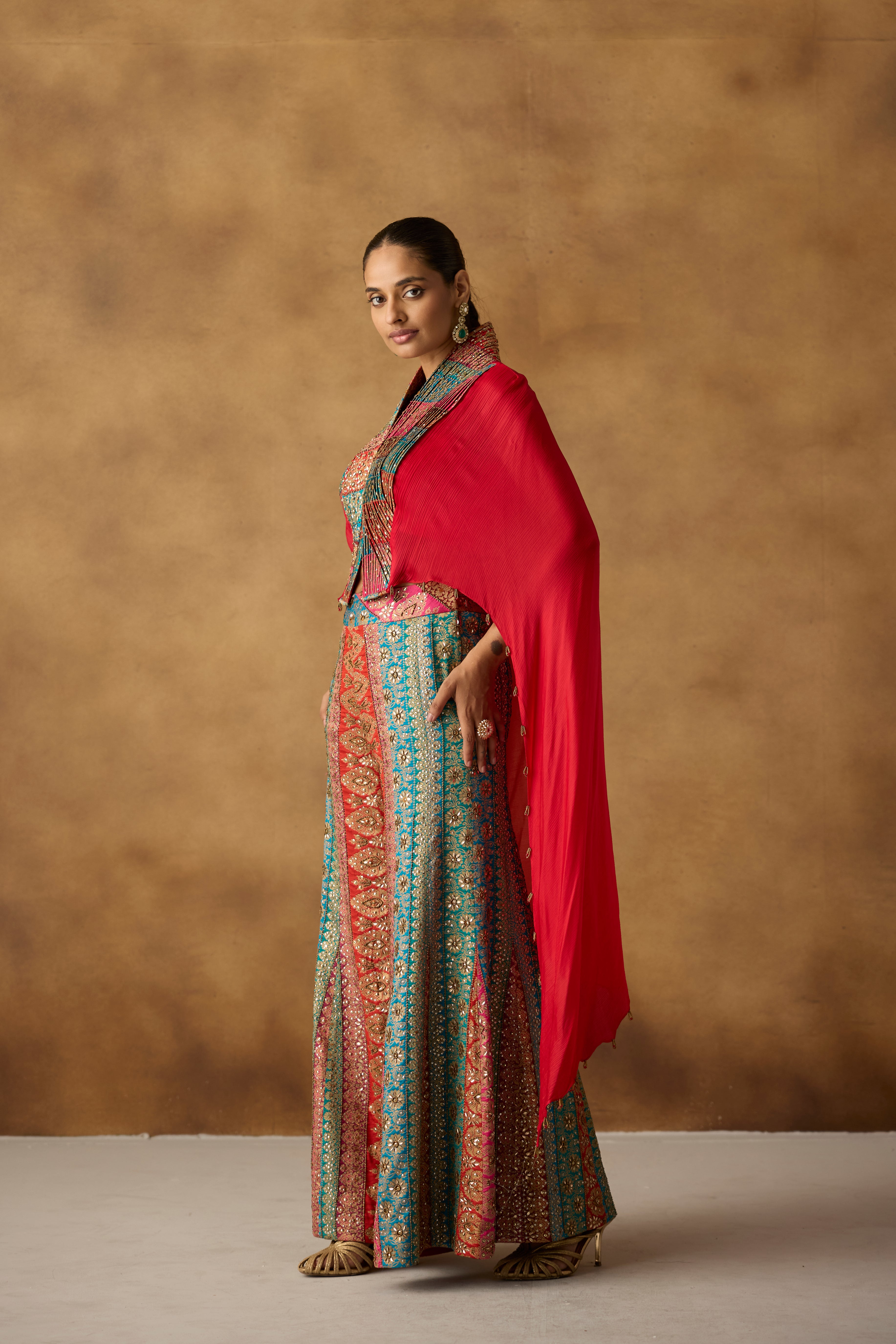 Vibrant Red Embellished Chinon Silk Co-Ord Set
