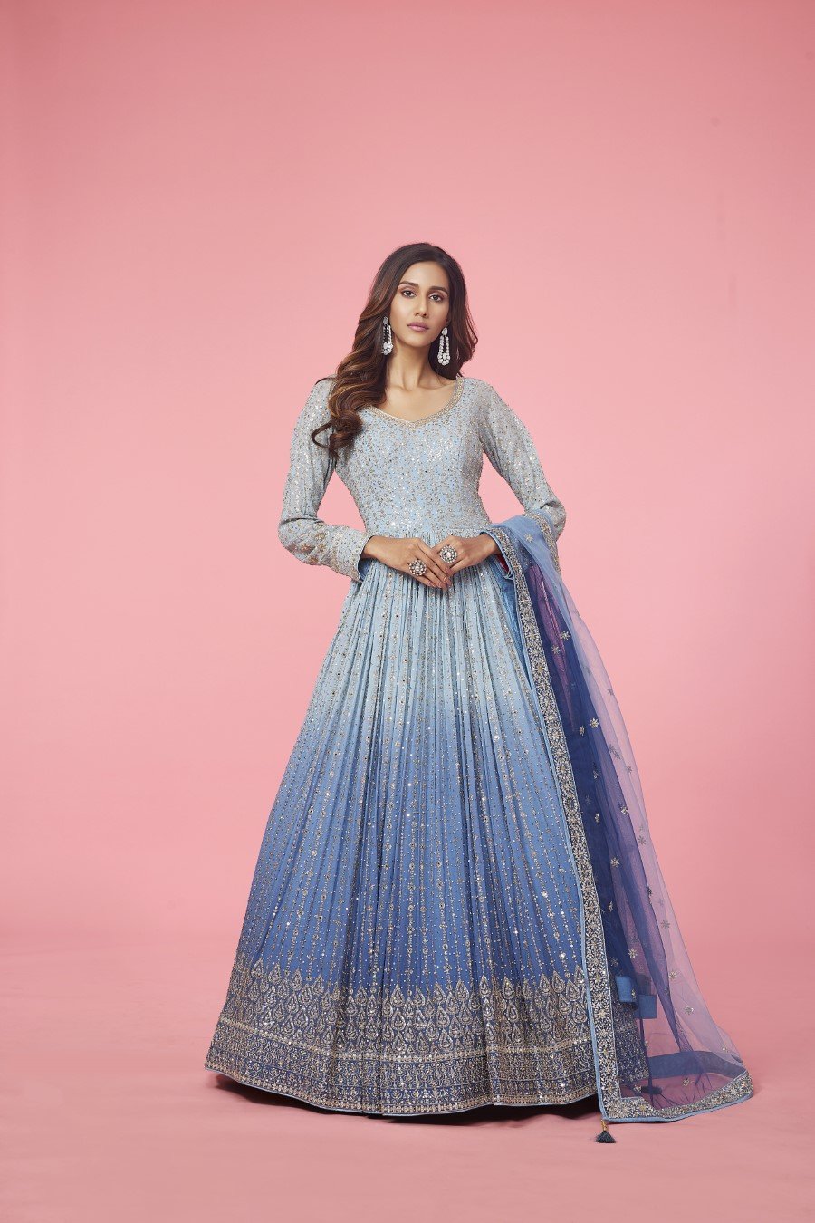 Pastel Blue Ombre Embroidered Anarakali & Dupatta