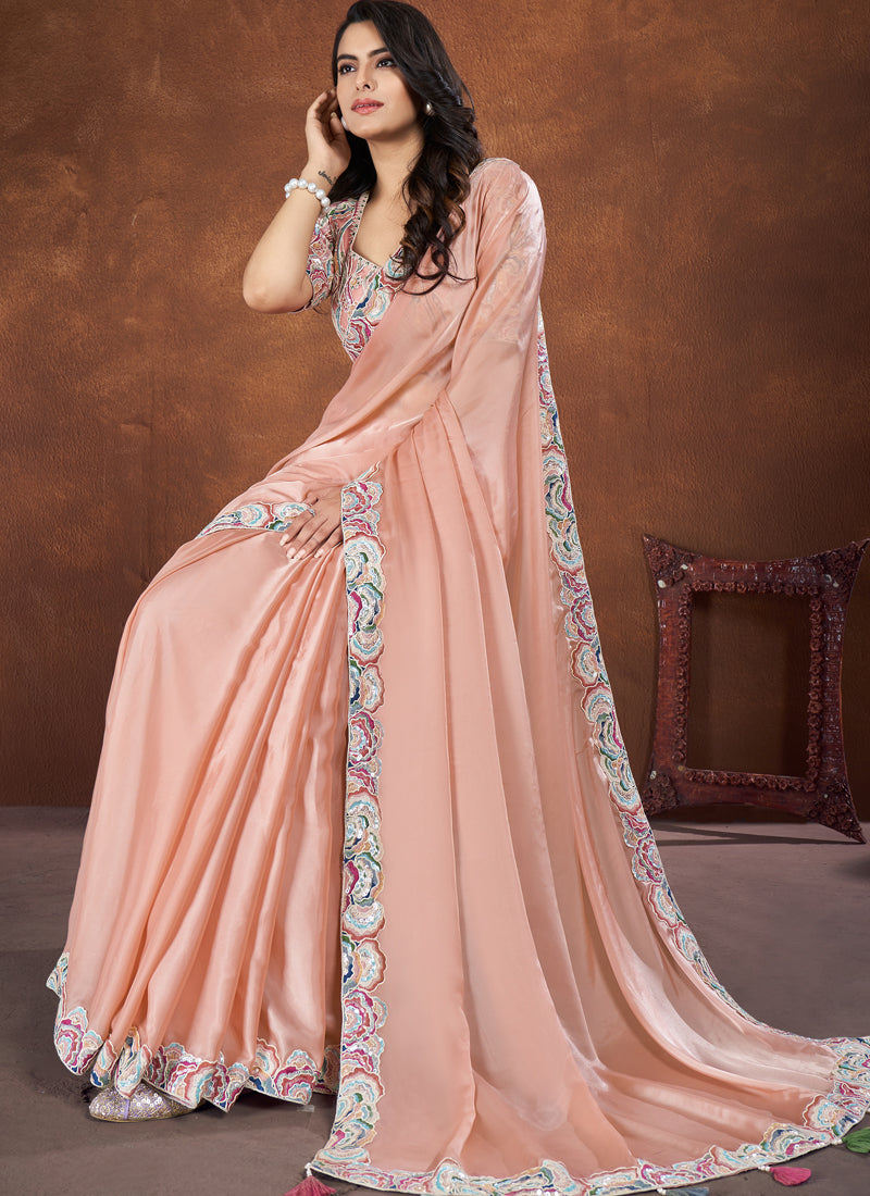 Peach Embroidered Crepe Satin Silk Saree