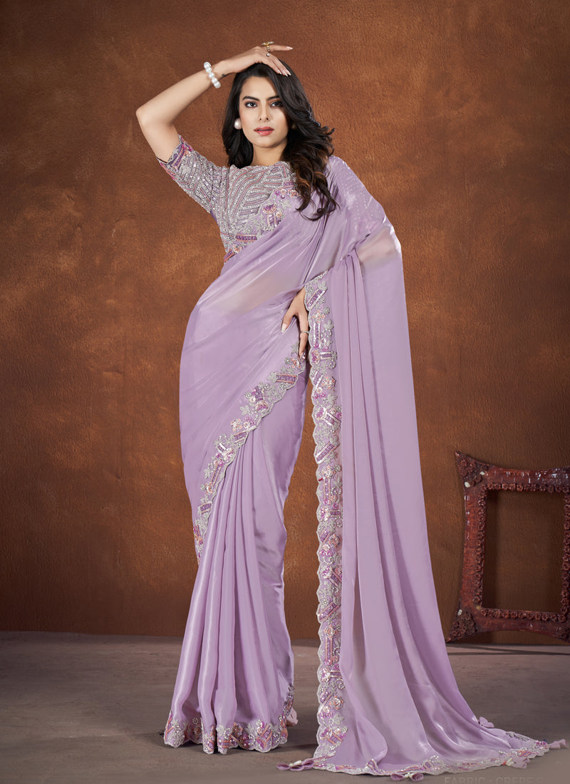 Lavender Embroidered Crepe Satin Silk Saree