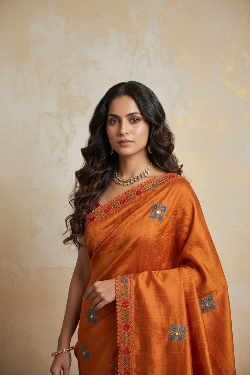 Cinnamon Orange Kantha Pure Tussar Silk Saree