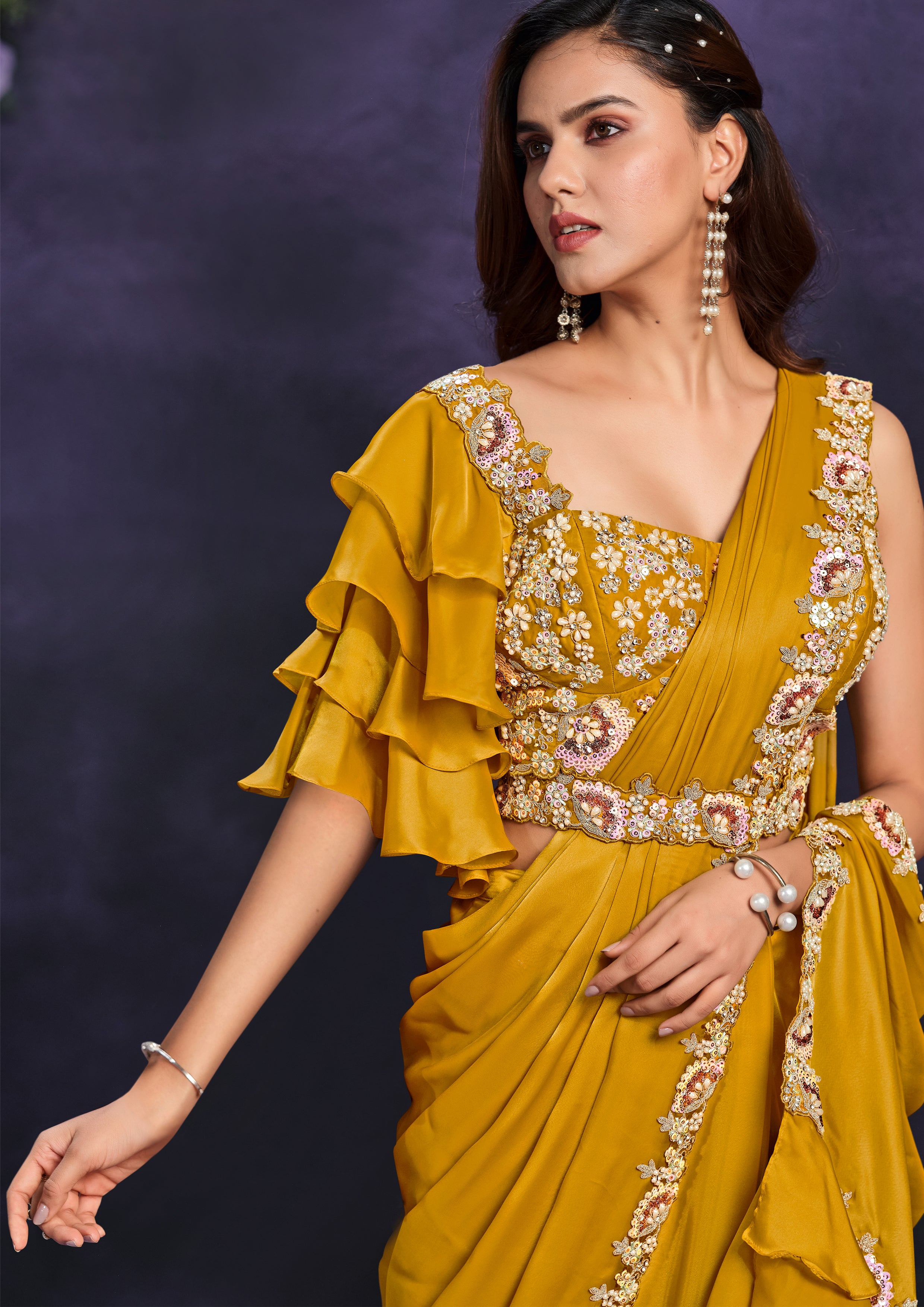 Mustard Ruffle Embellished Crepe Satin Silk Saree