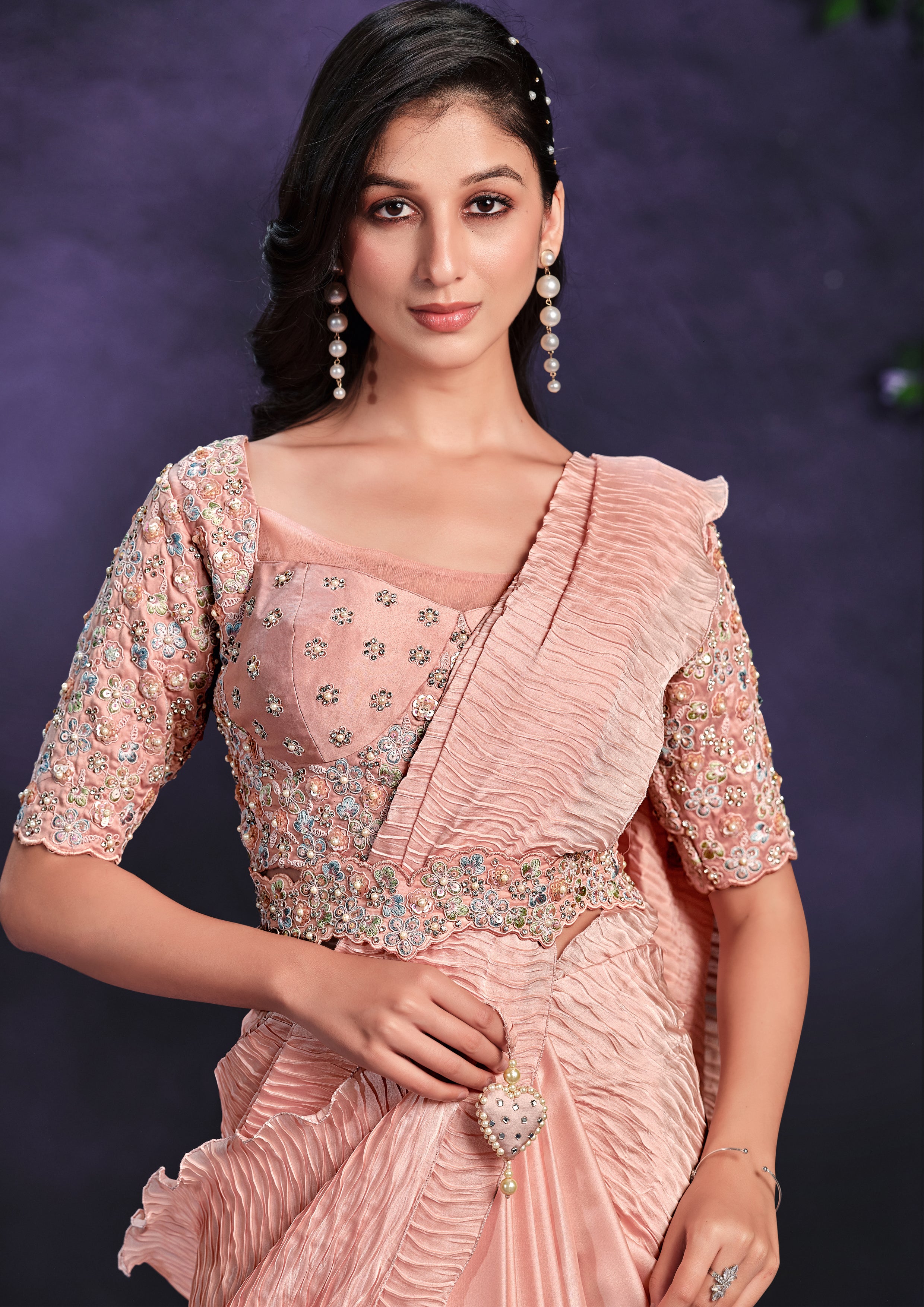 Peach Nectar Embellished Crepe Satin Silk Saree