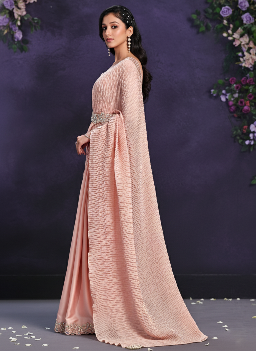 Peach Embellished Crepe Satin Silk Saree