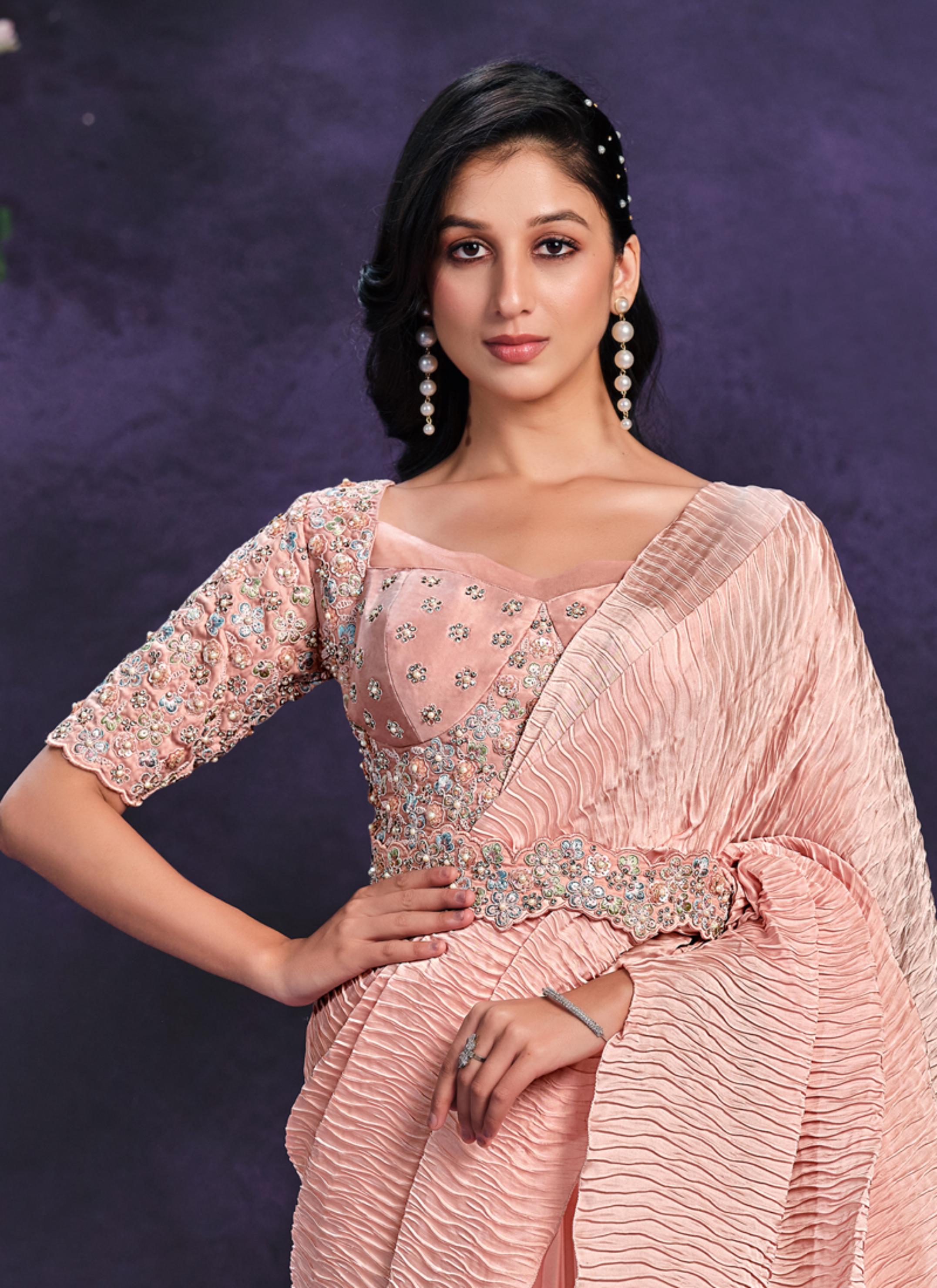 Peach Embellished Crepe Satin Silk Saree