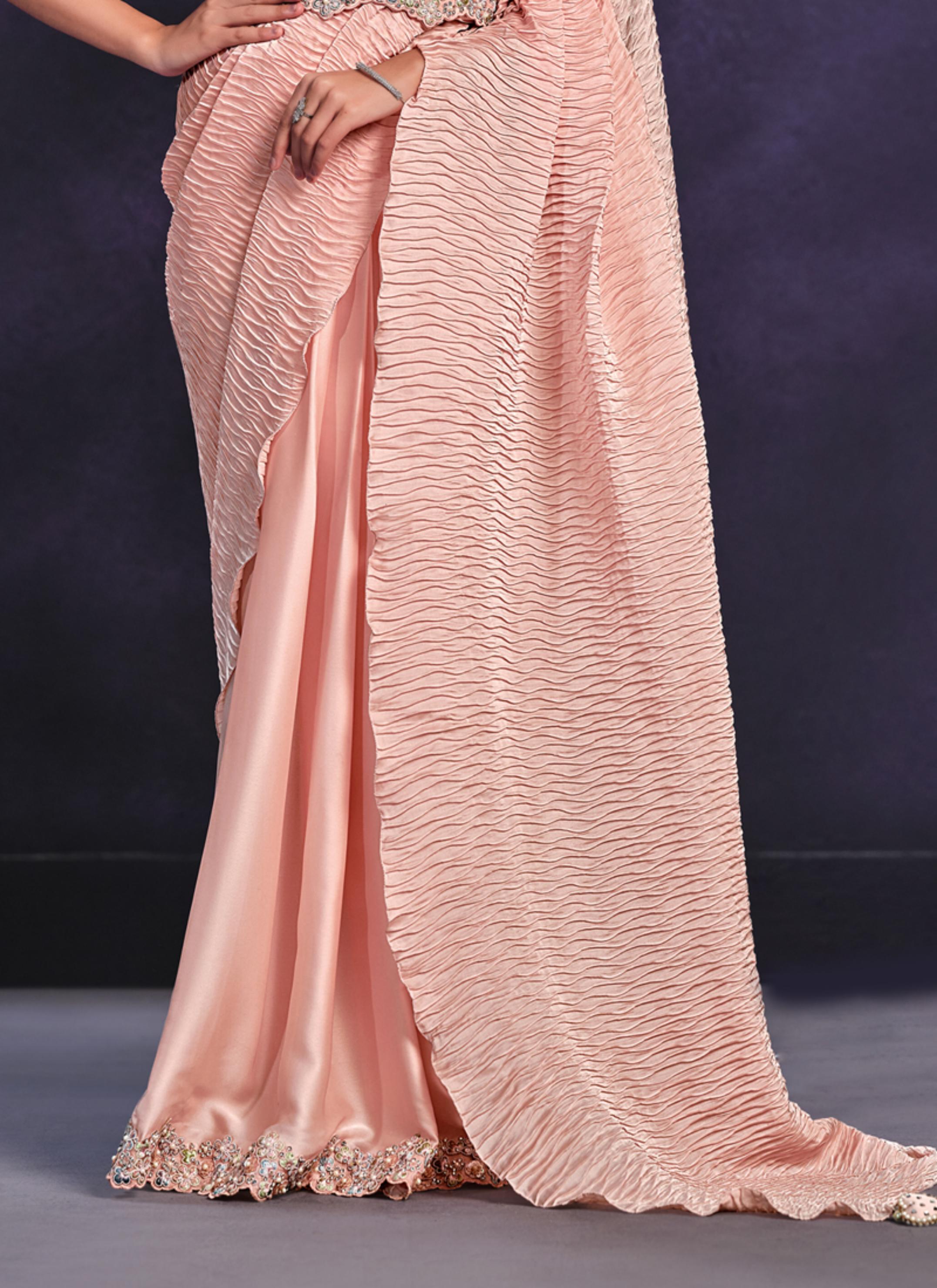Peach Embellished Crepe Satin Silk Saree