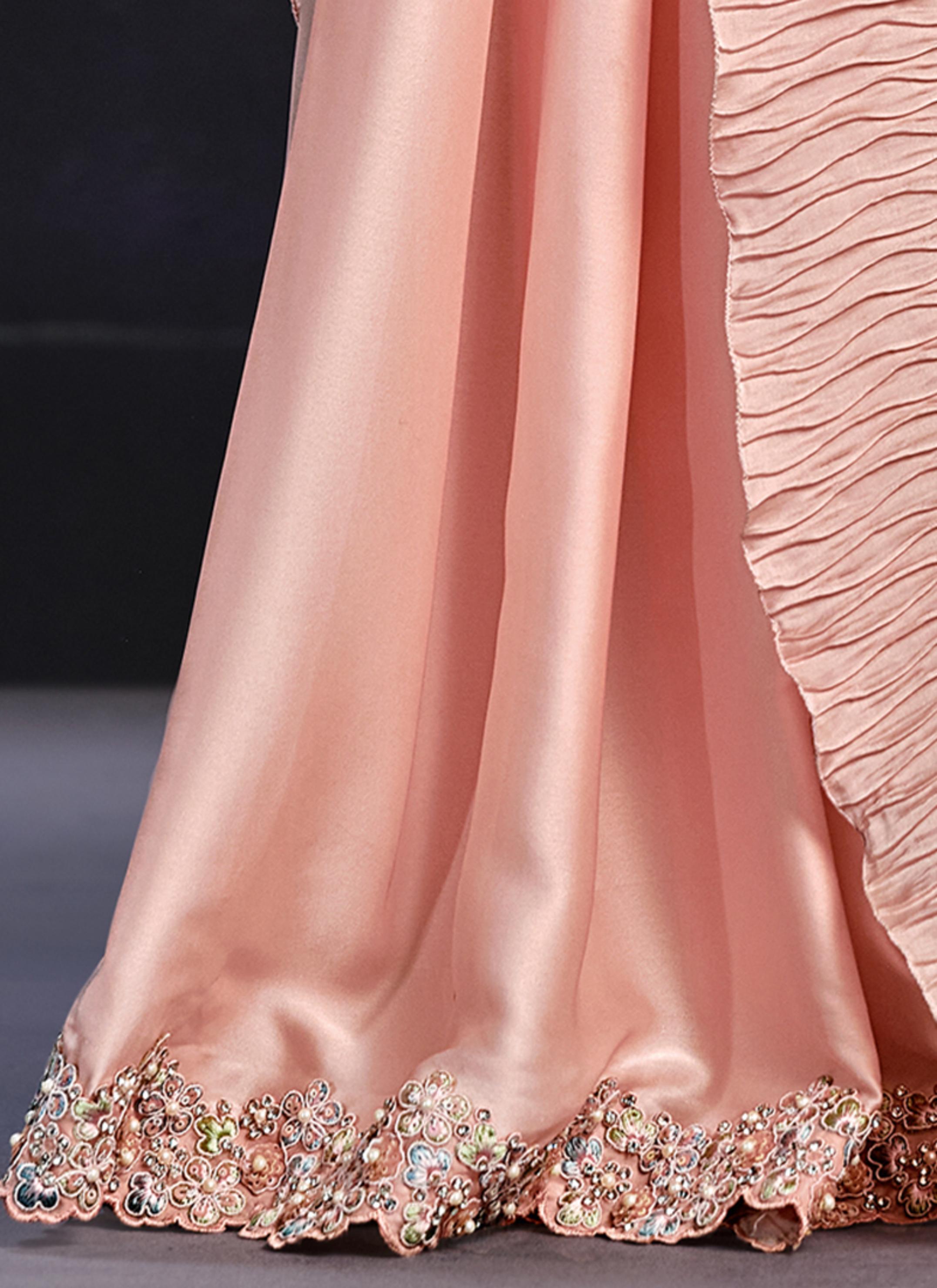 Peach Embellished Crepe Satin Silk Saree