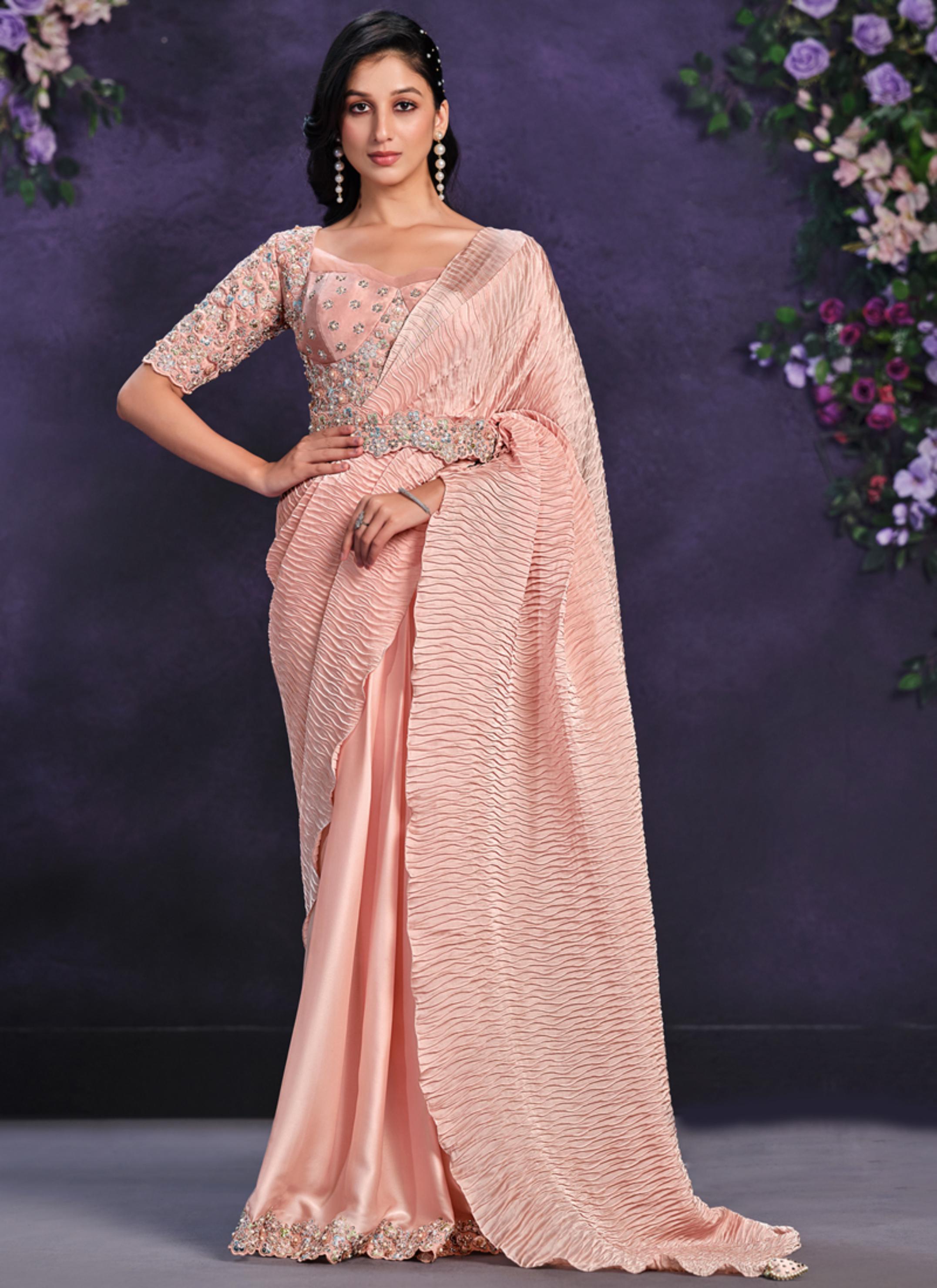 Peach Embellished Crepe Satin Silk Saree