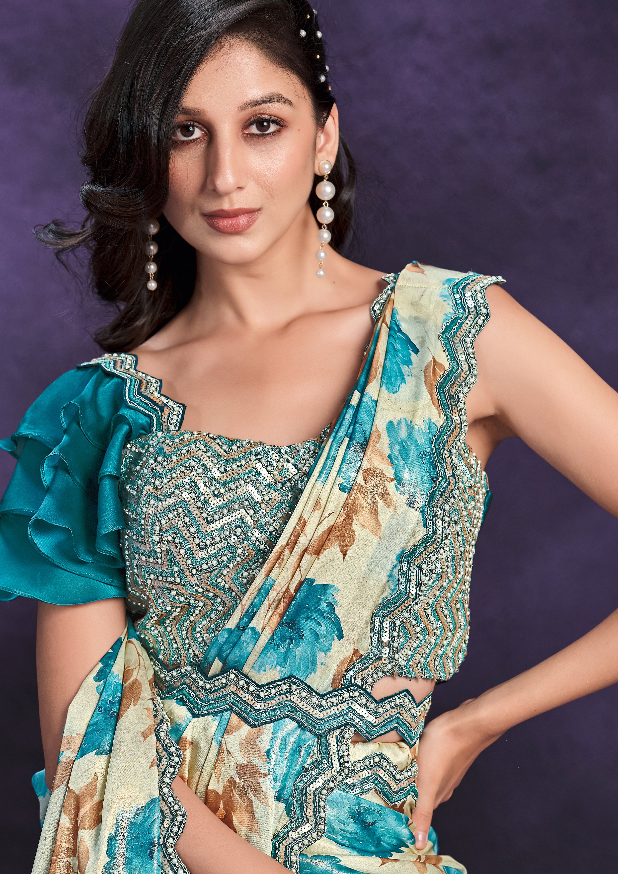 Aqua Floral Embellished Satin Silk Saree