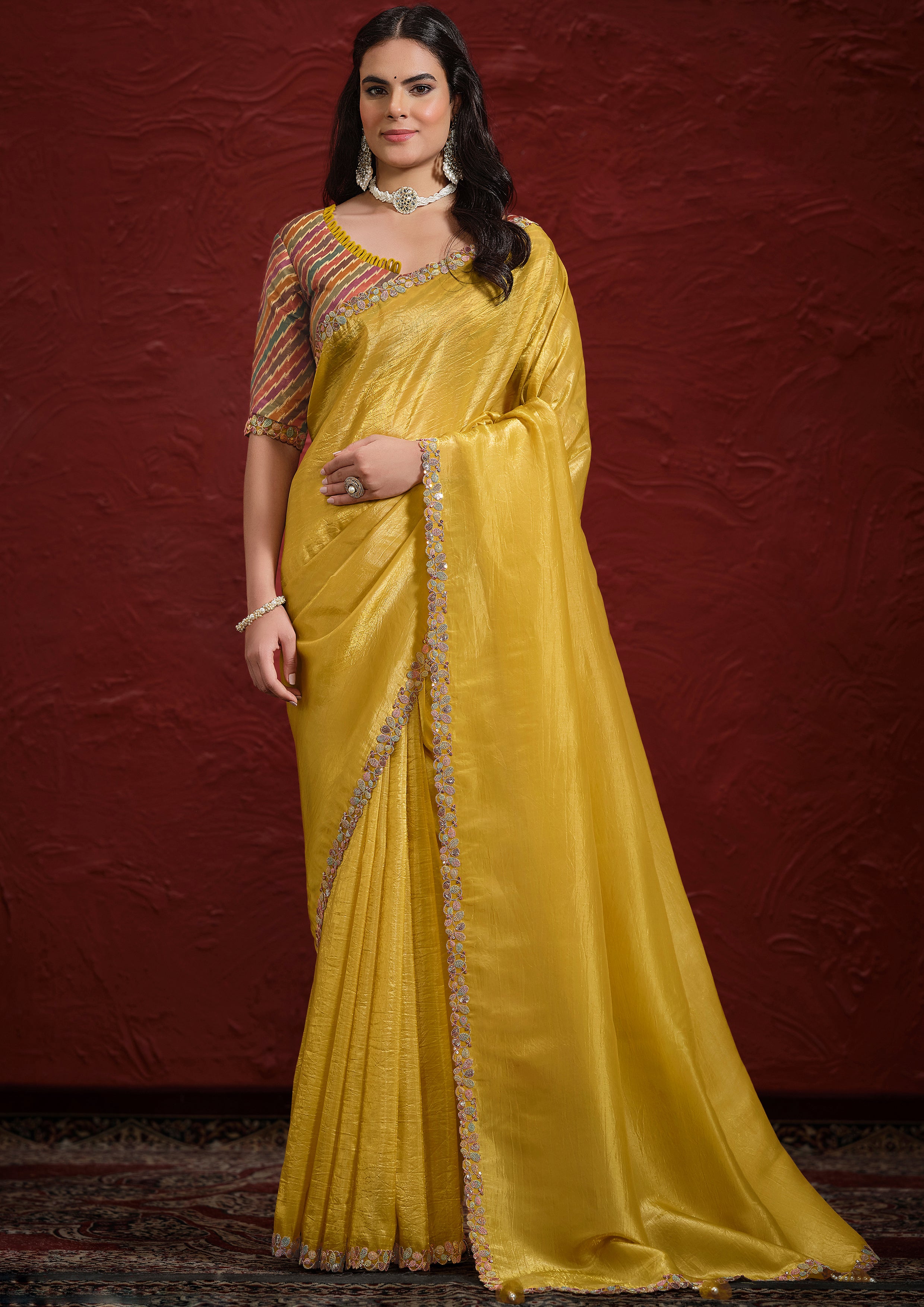 Mustard Yellow Embroidered Paper Silk Saree