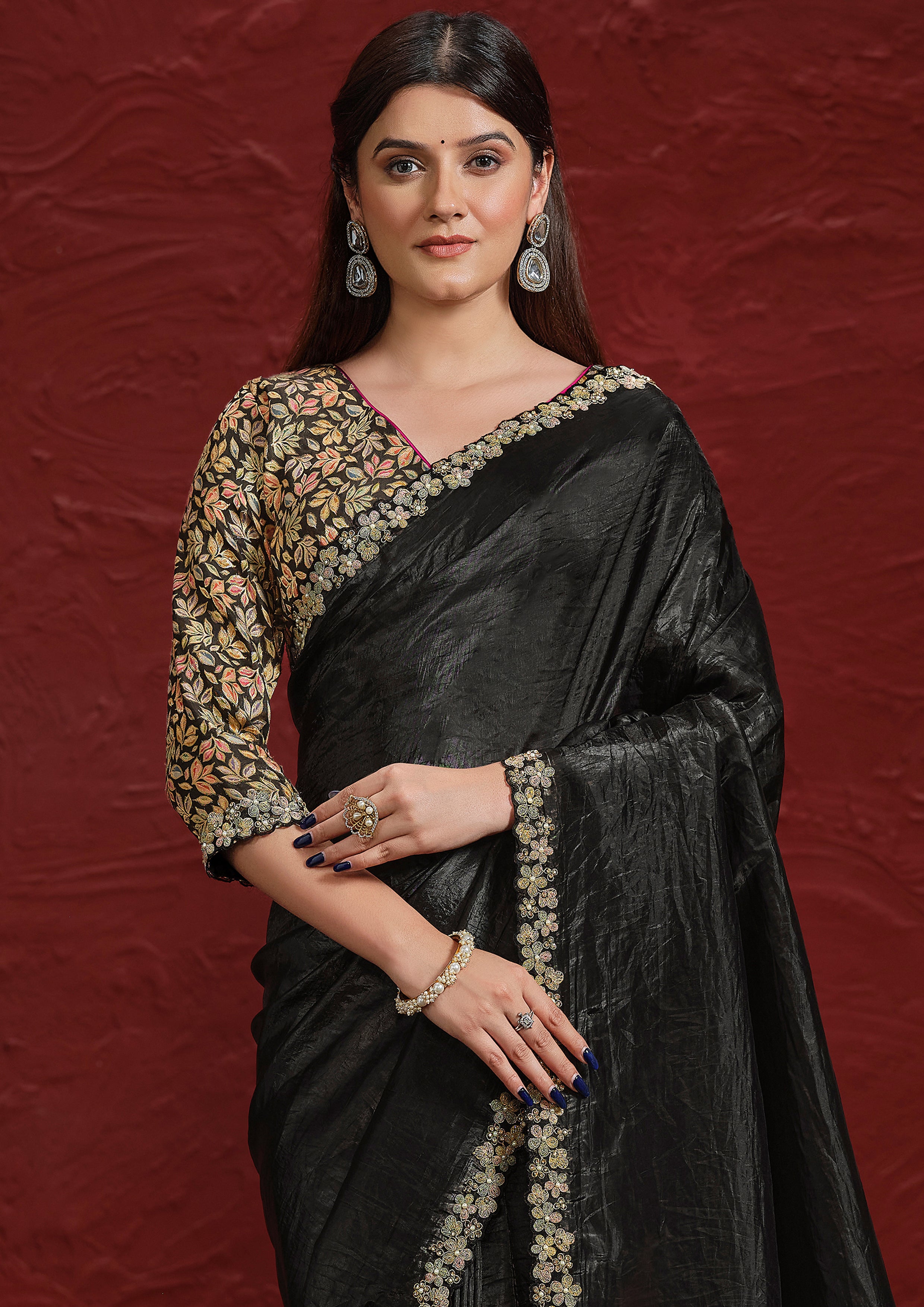 Obsidian Black Embroidered Paper Silk Saree