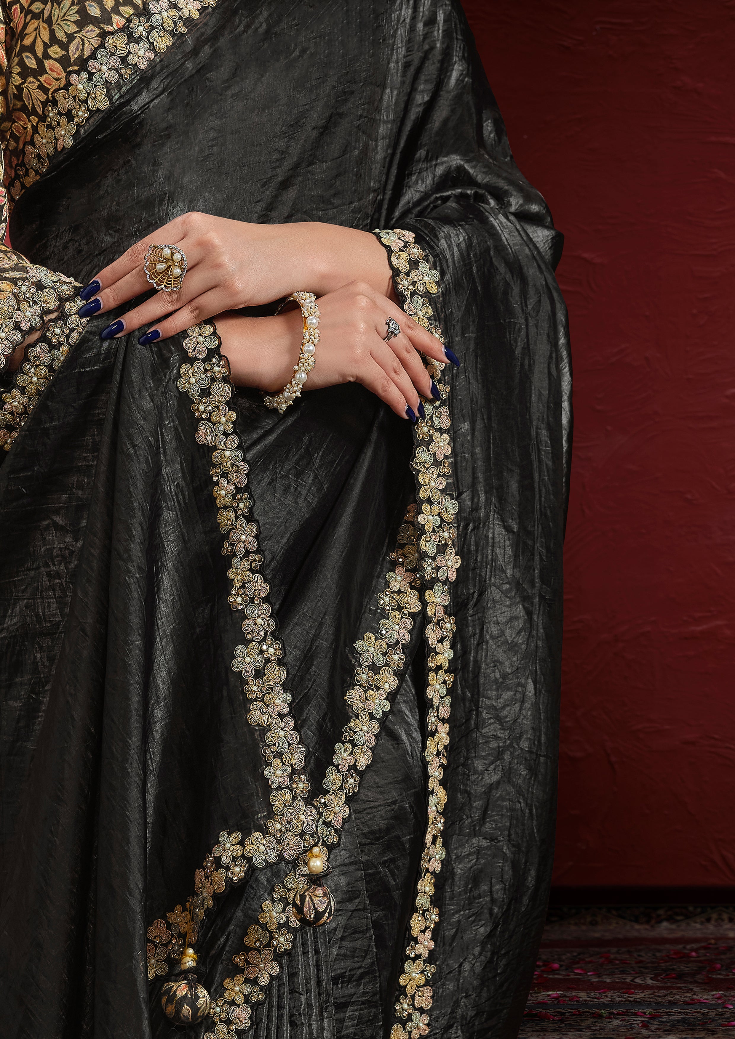 Obsidian Black Embroidered Paper Silk Saree
