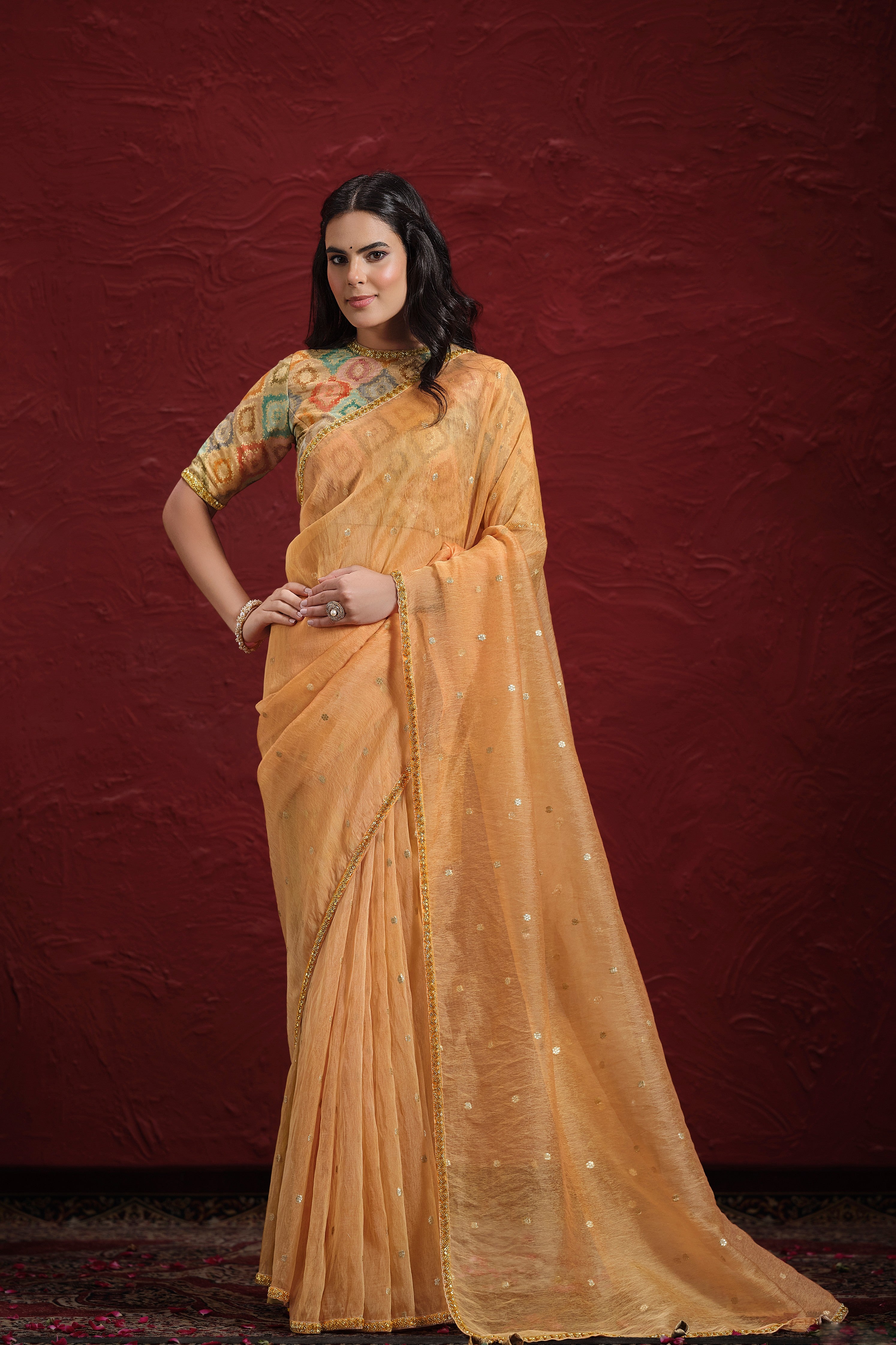 Summer Orange Embroidered Italian Paper Silk Saree