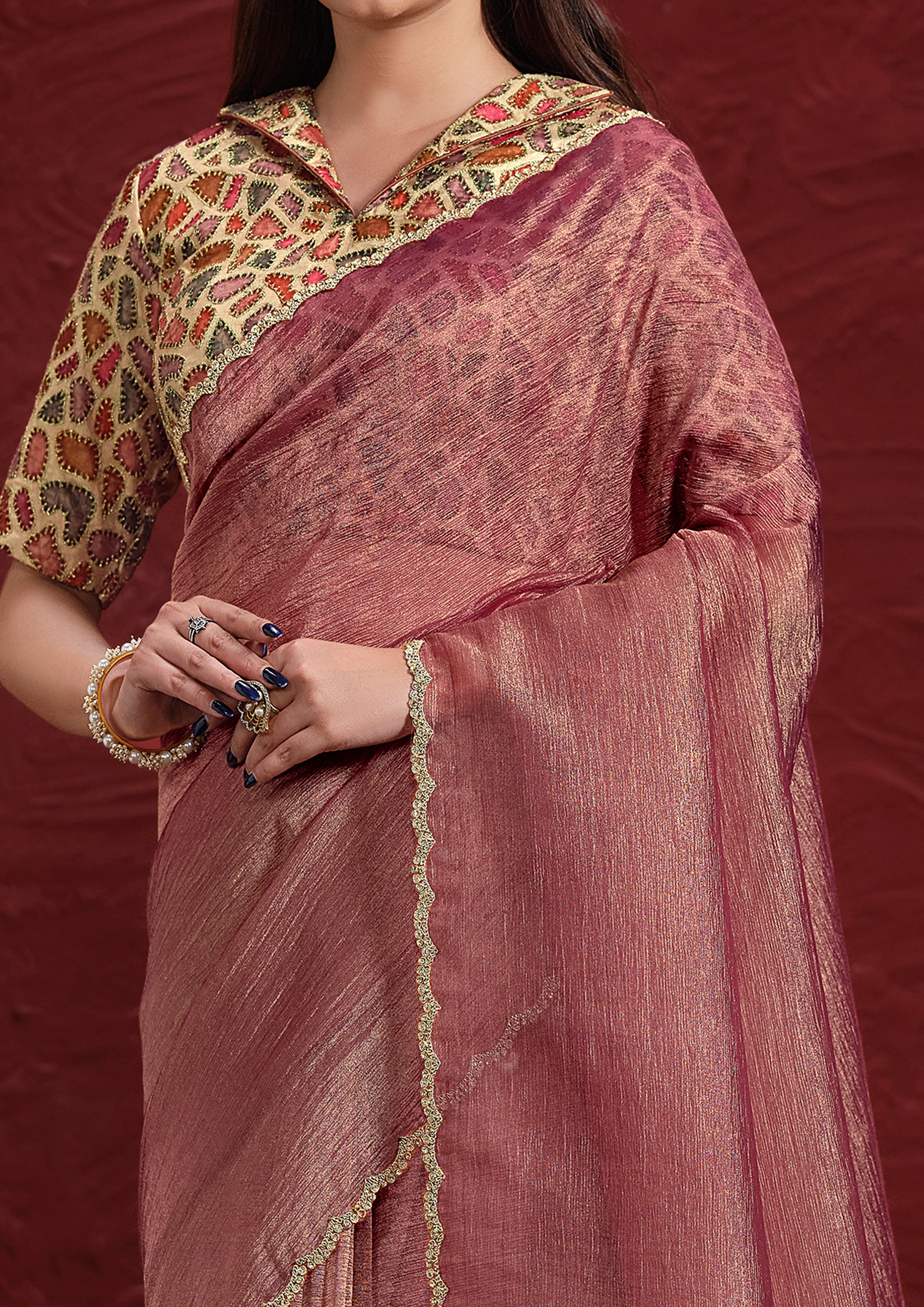 Dusty Rose Embellished Tissue Silk Saree