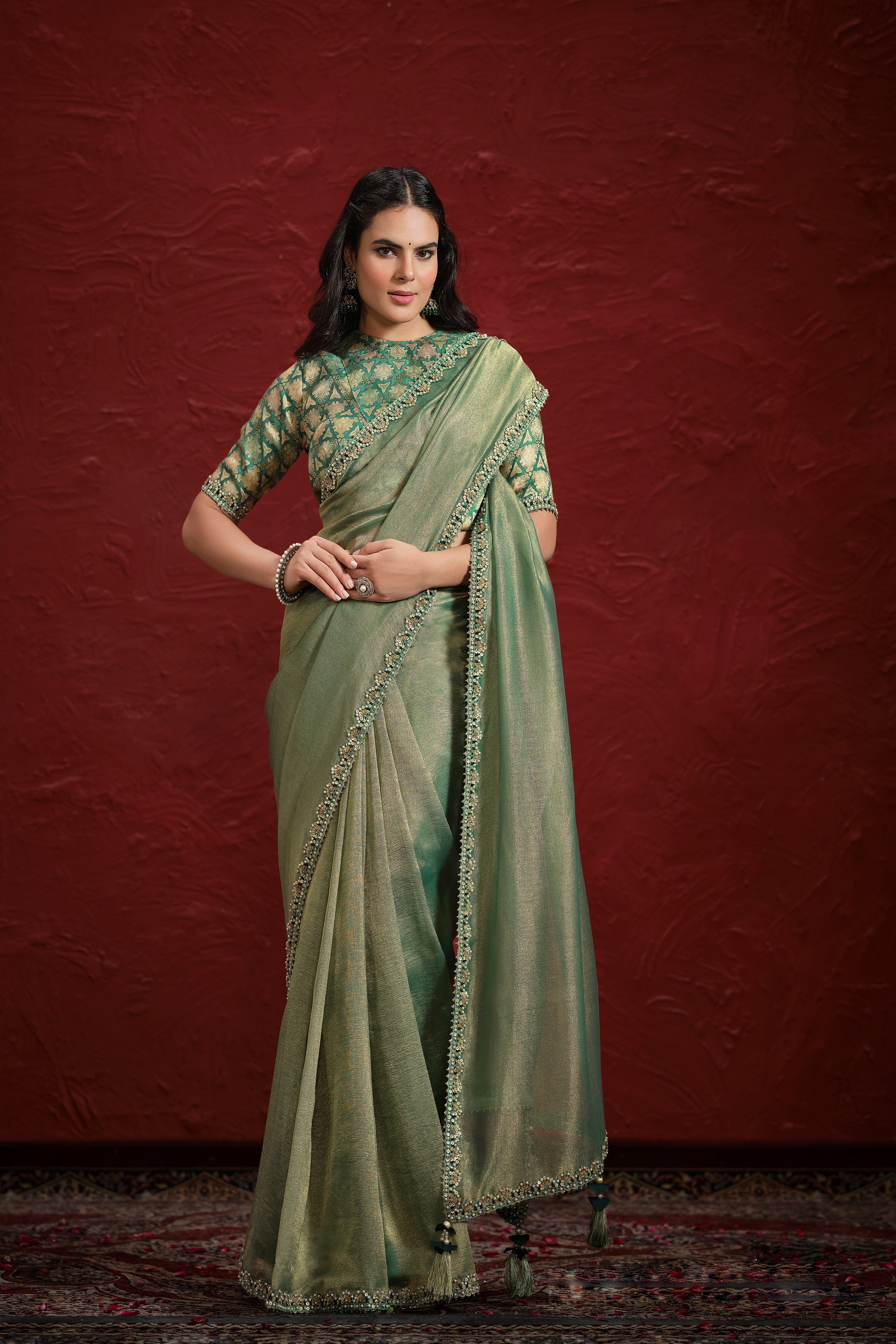 Light Green Embellished Zari Banarasi Silk Saree