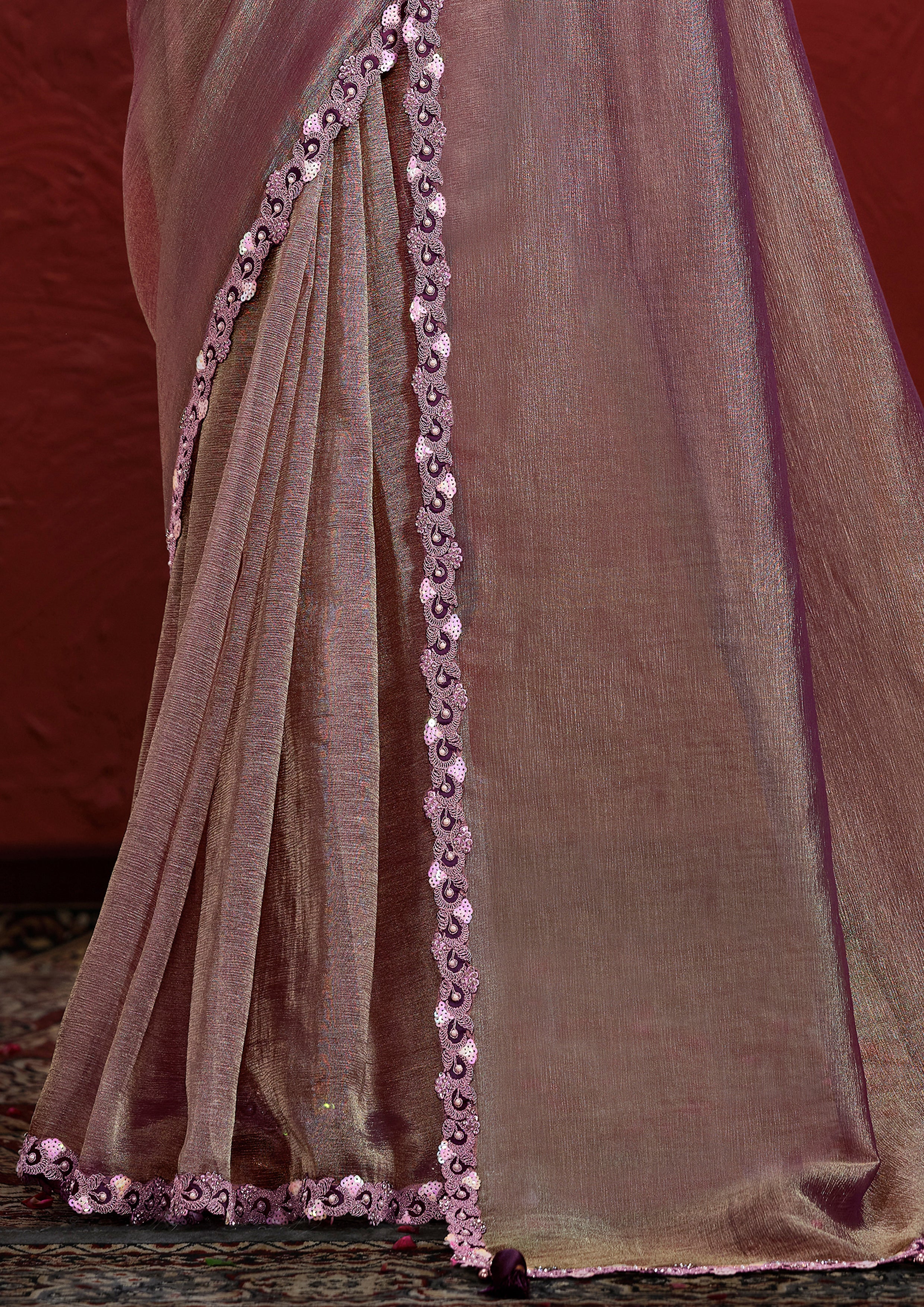 Mauve Embellished Tissue Silk Saree