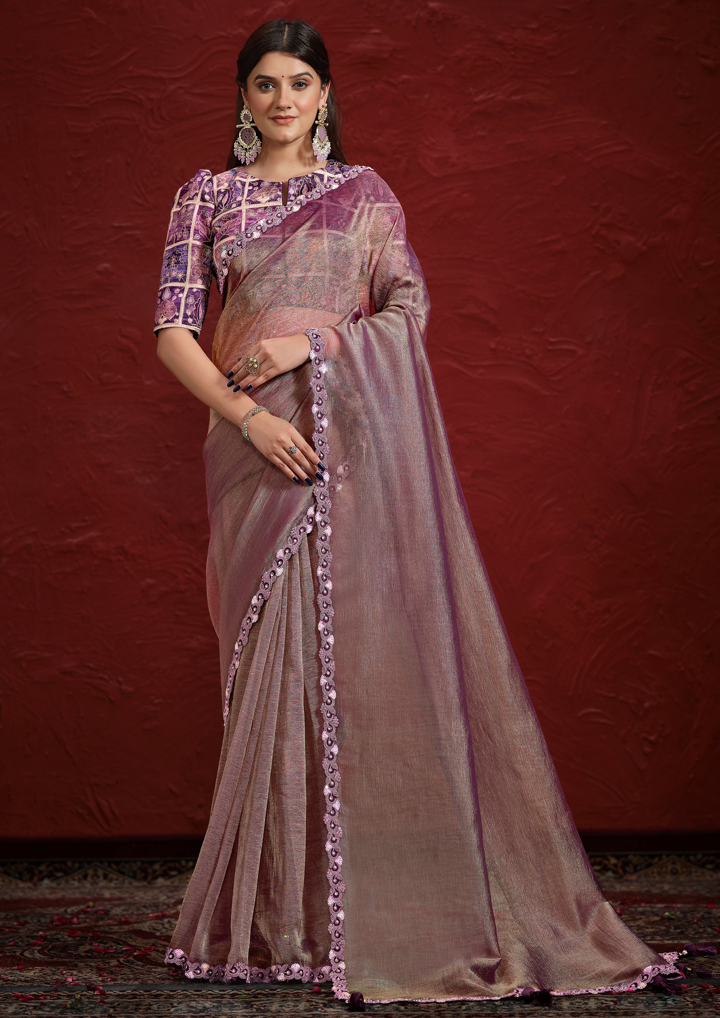 Mauve Embellished Tissue Silk Saree