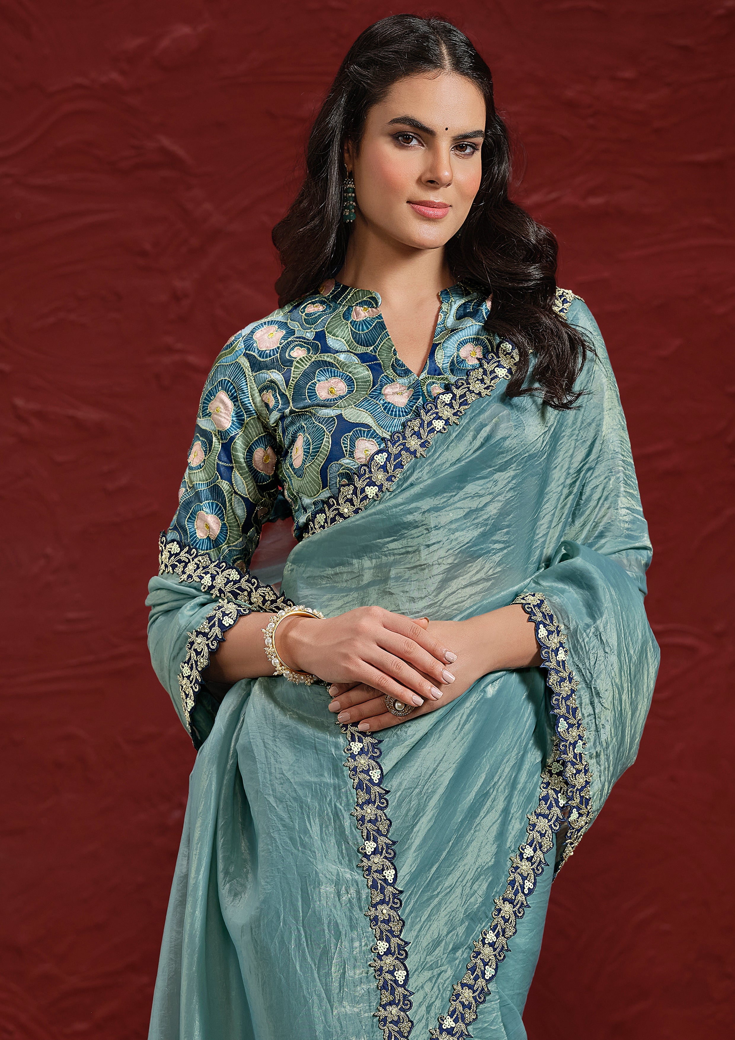 Sea Blue Embellished Paper Silk Saree