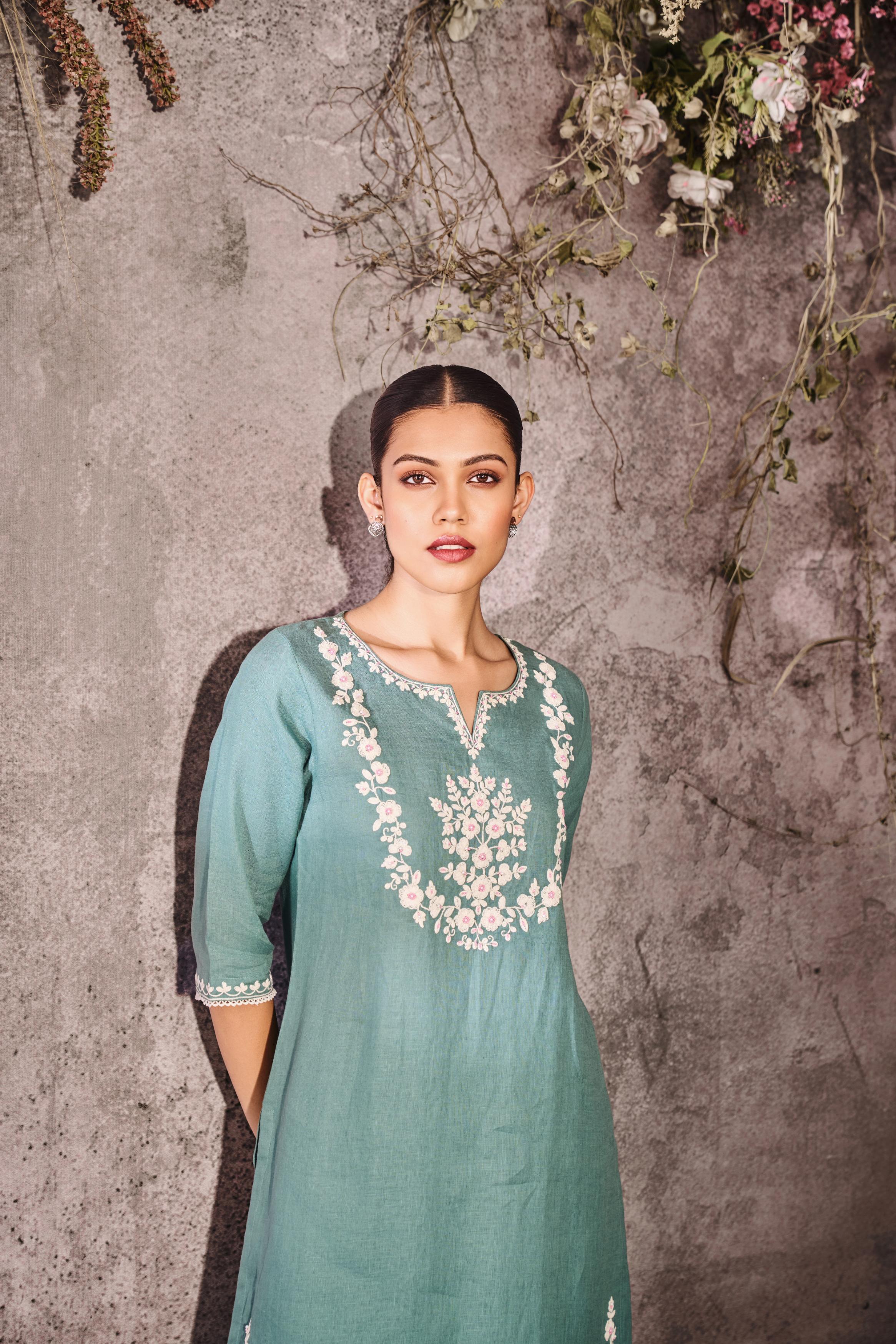Blizzard Blue Summer Breeze Linen Kurta Set