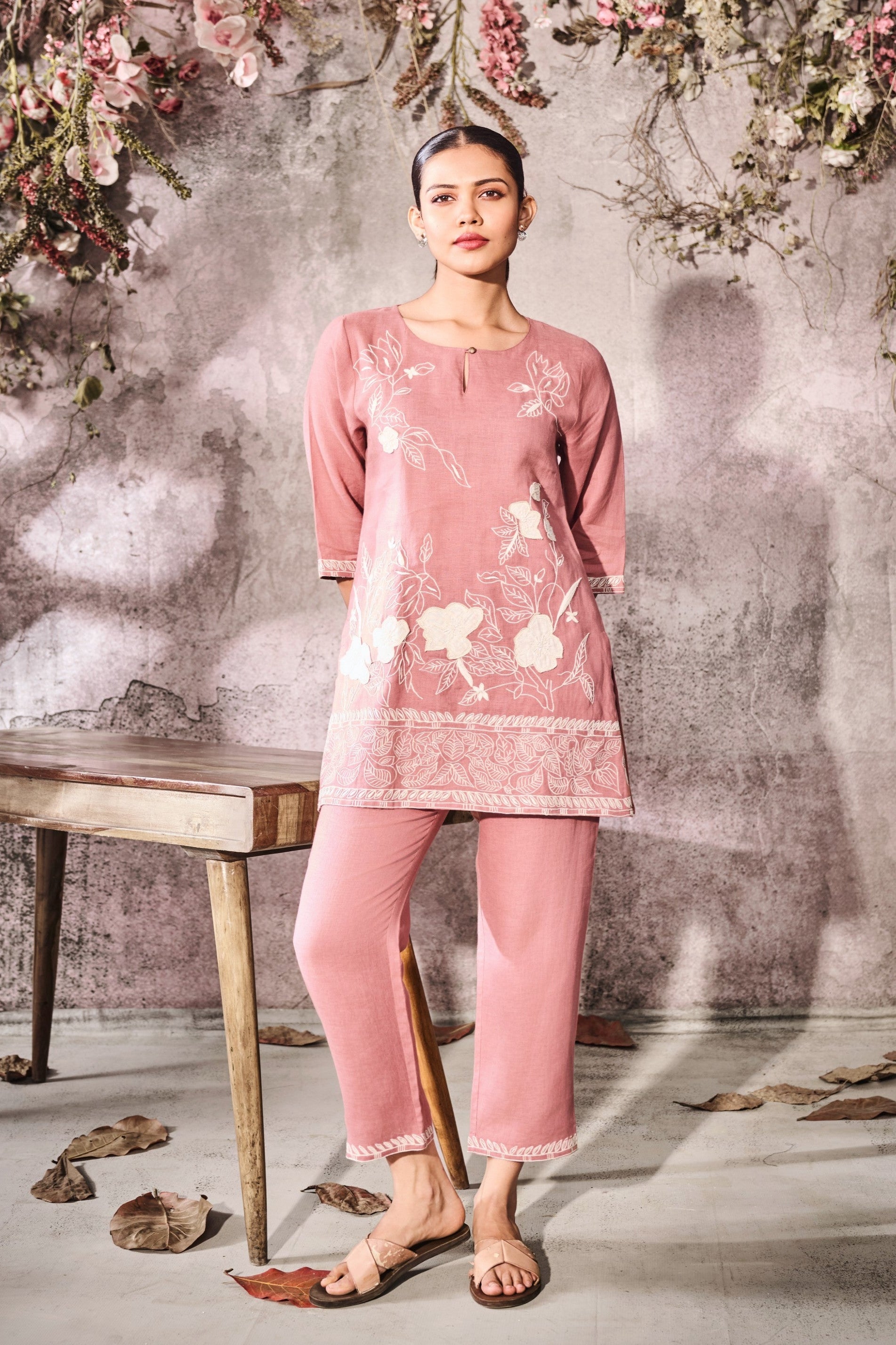 Dusty Rose Embroidered Linen Co-ord Set