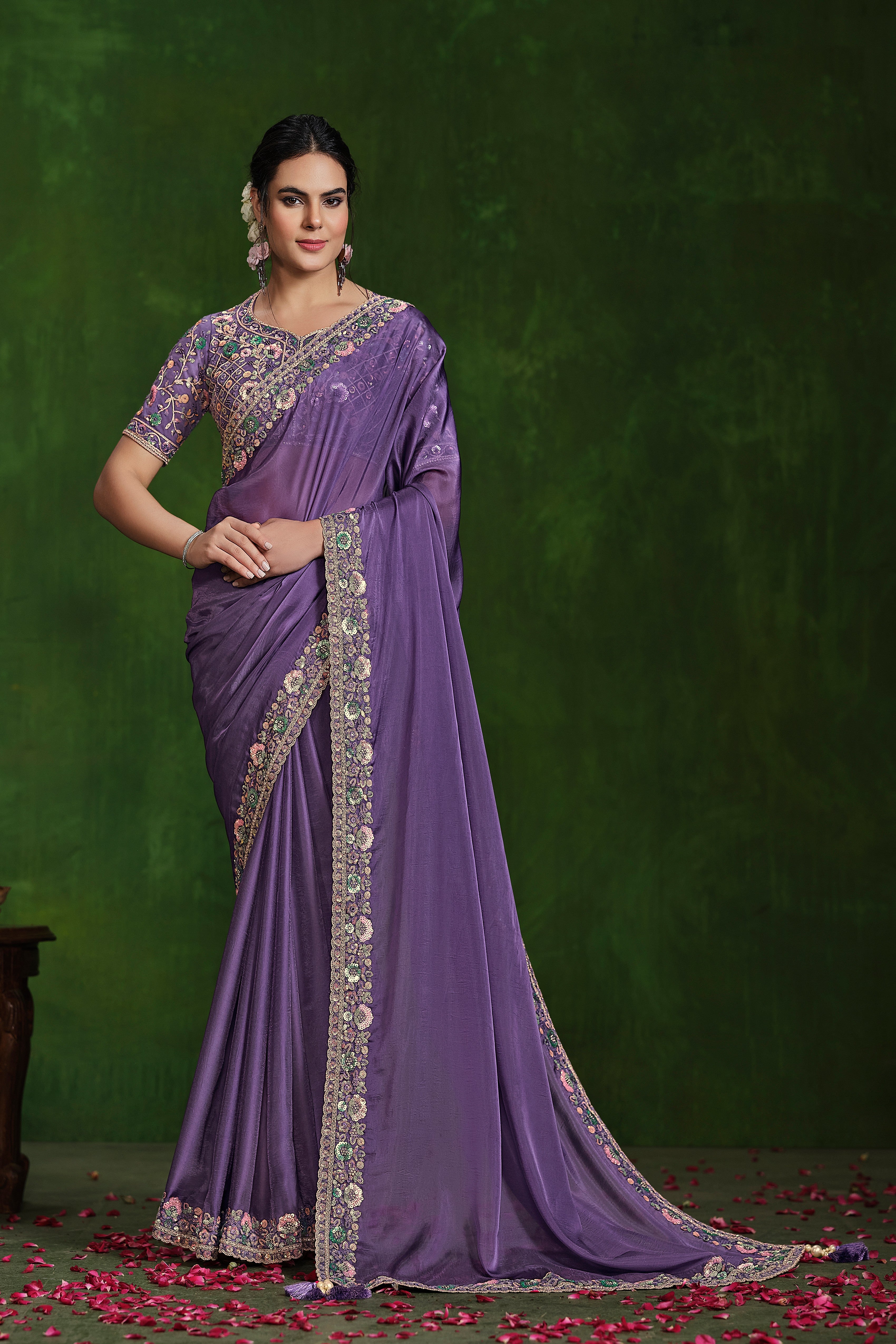 Bright Lavender Embellished Habotai Silk Saree