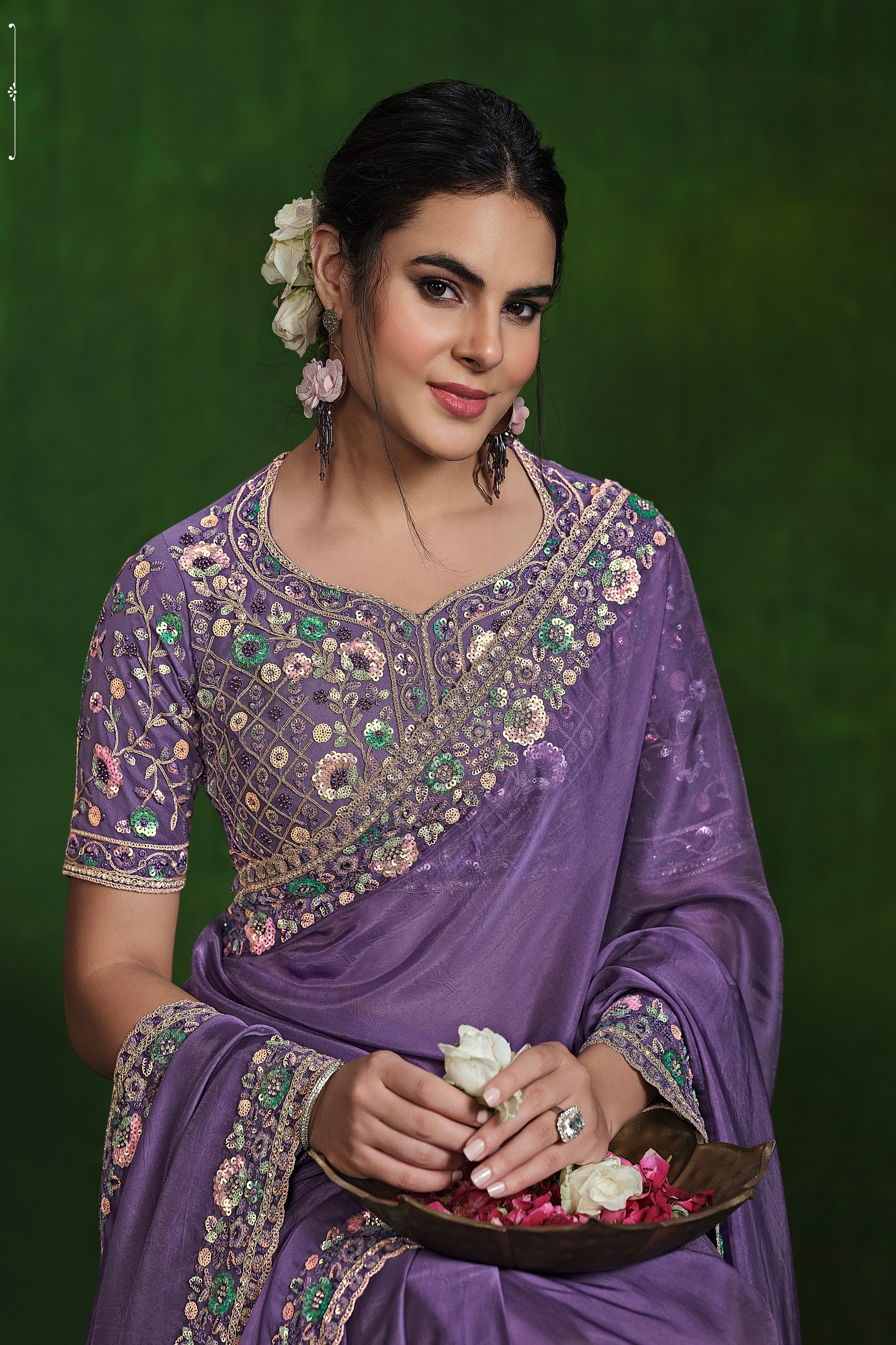 Bright Lavender Embellished Habotai Silk Saree