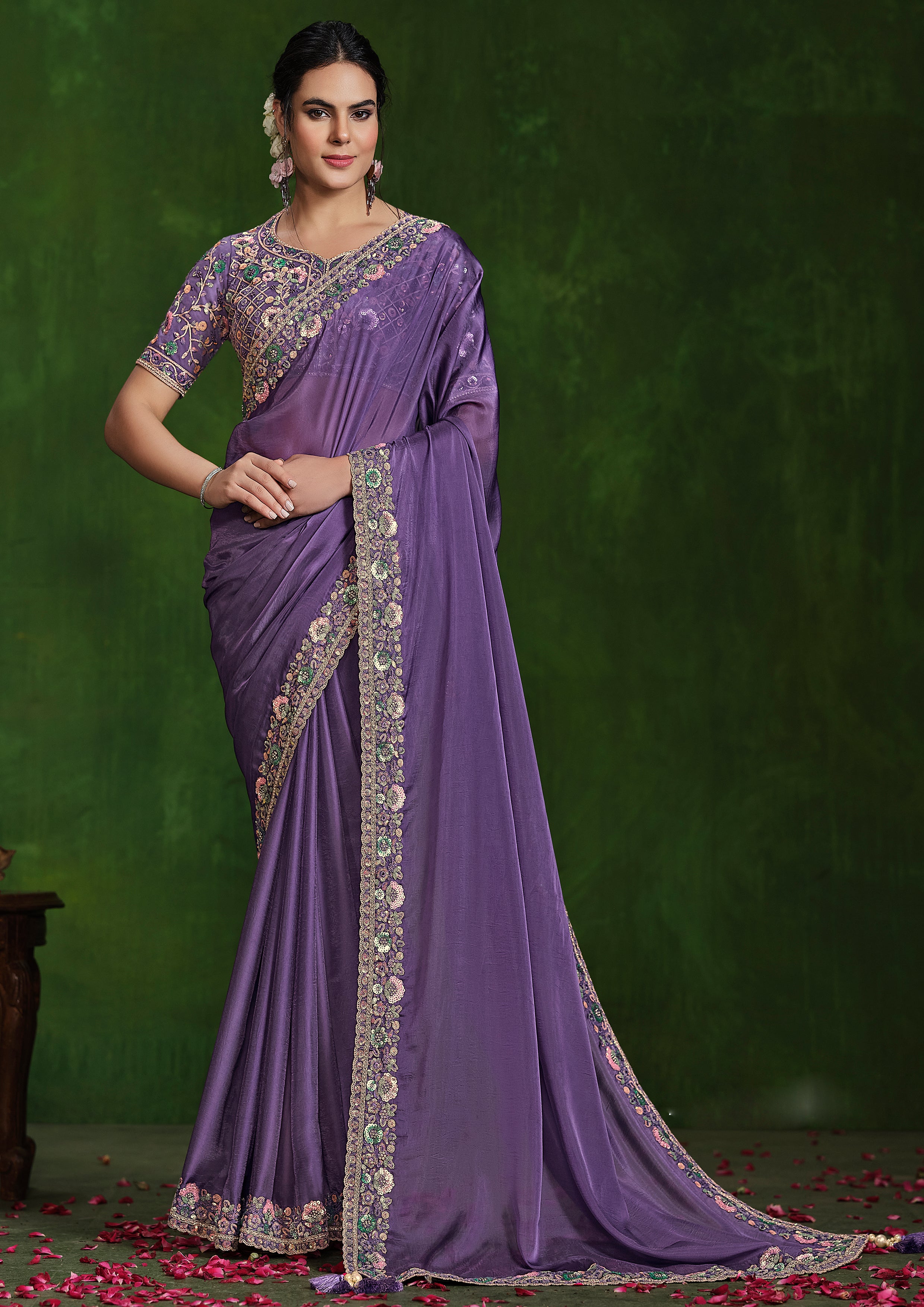 Grape Mist Embellished Habutai Silk Saree