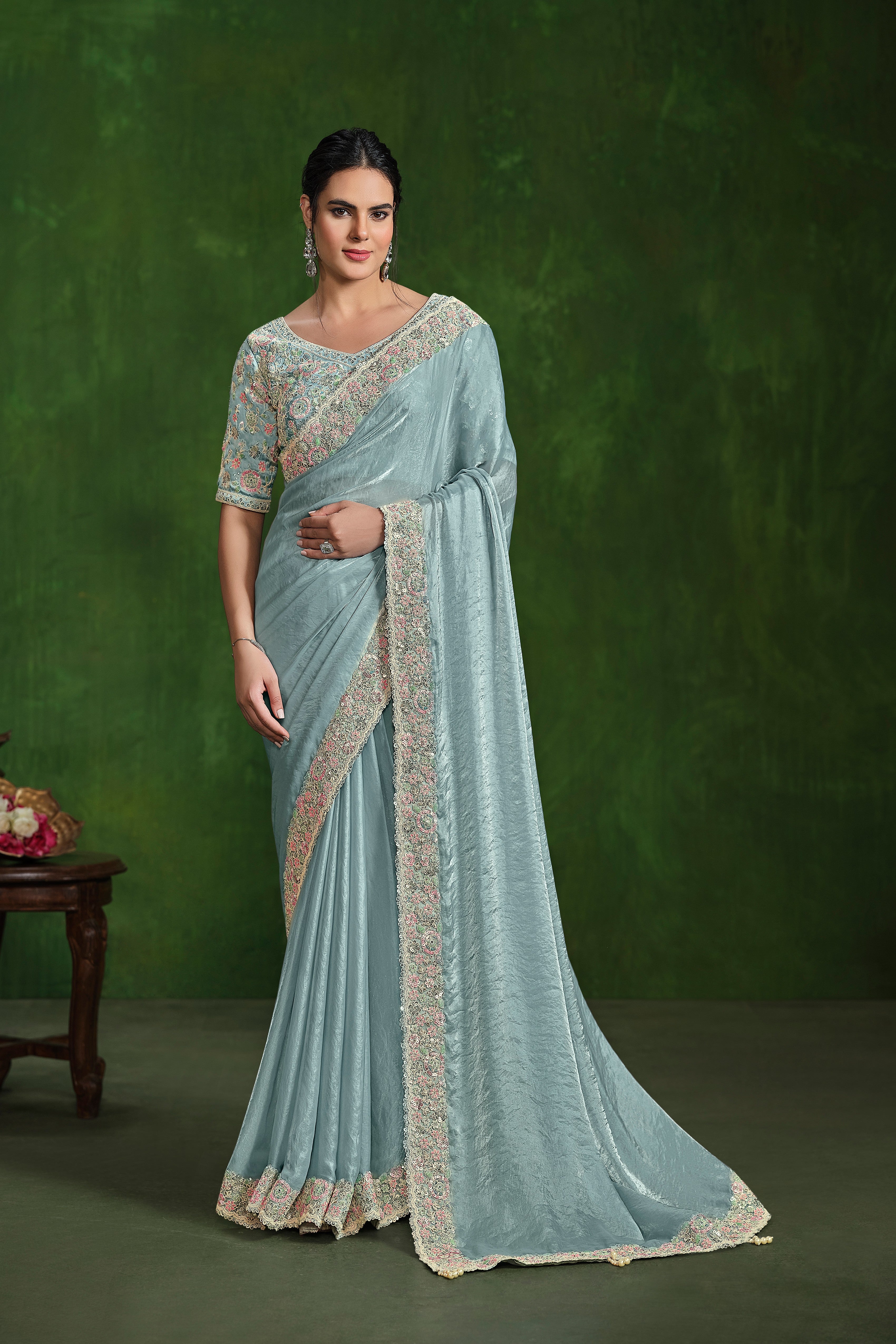 Classic Light Blue Embellished Satin Silk Saree
