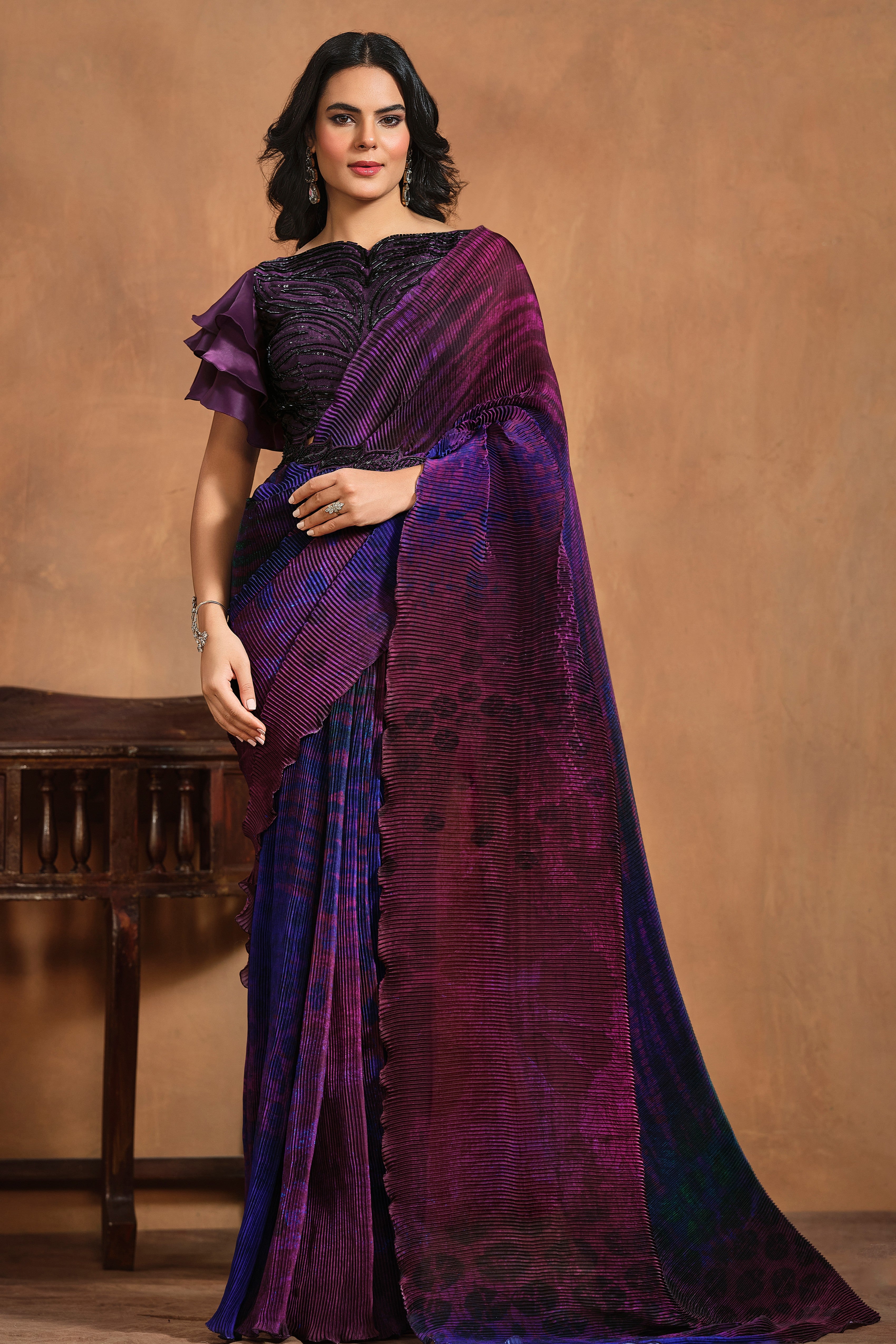 Mulberry Purple Embellished Crushed Satin Silk Saree