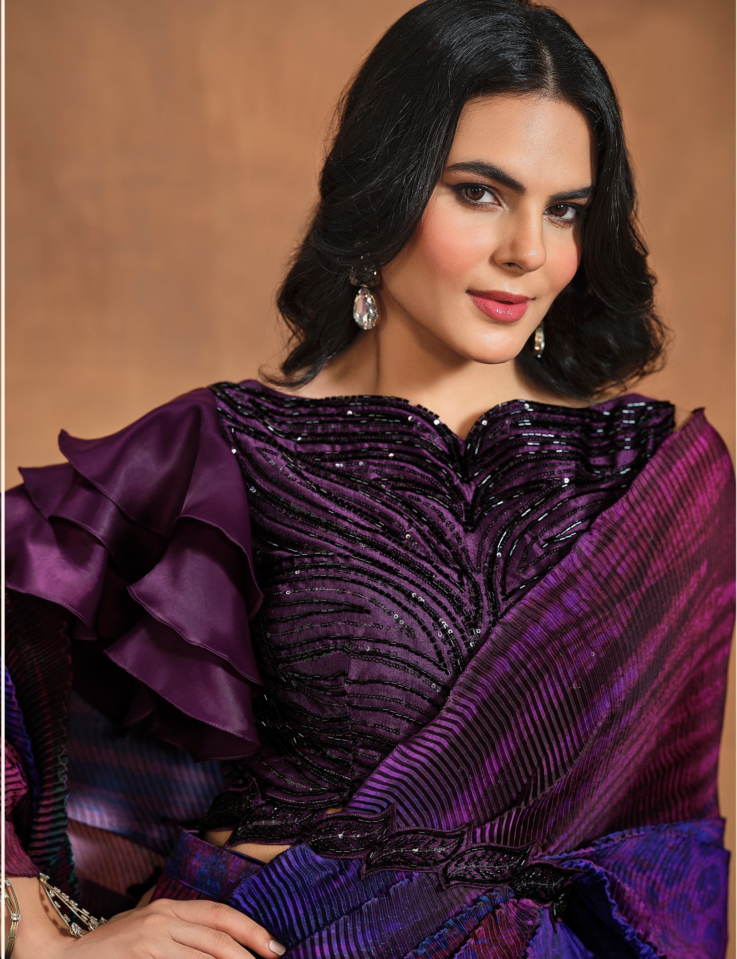 Mulberry Purple Embellished Crushed Satin Silk Saree