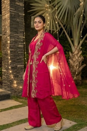 Hot Pink Embellished Crepe Silk Palazzo Set