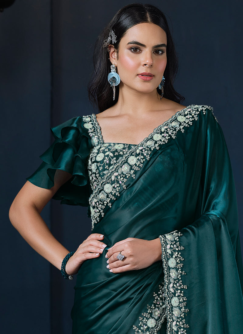 Teal Green Embellished Crepe Satin Silk Saree