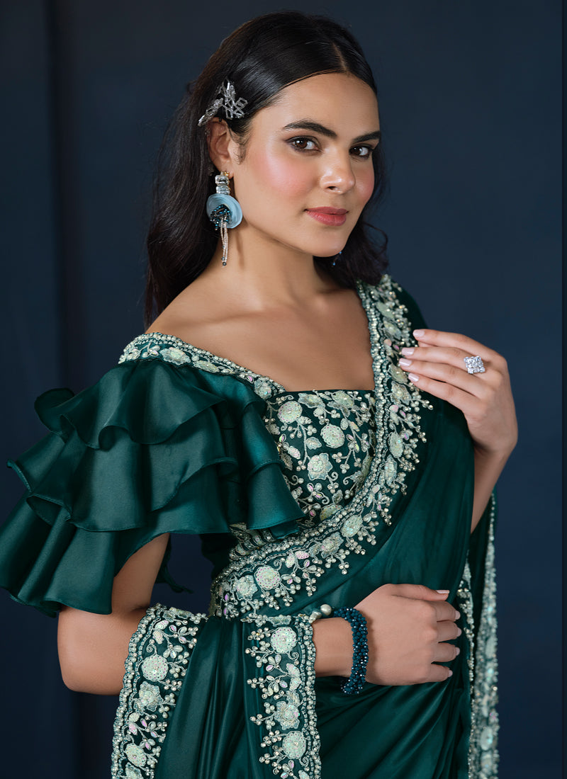 Teal Green Embellished Crepe Satin Silk Saree