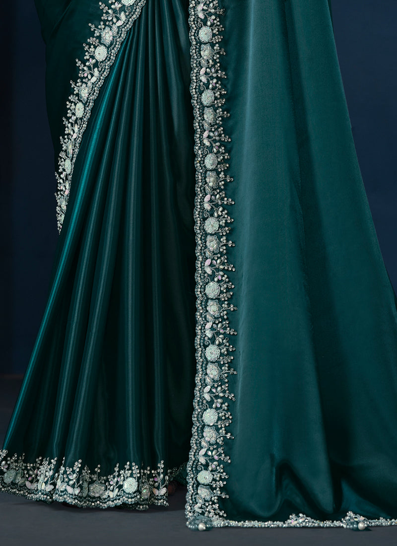 Teal Green Embellished Crepe Satin Silk Saree