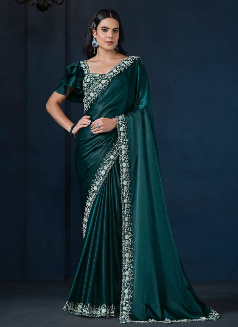 Teal Green Embellished Crepe Satin Silk Saree