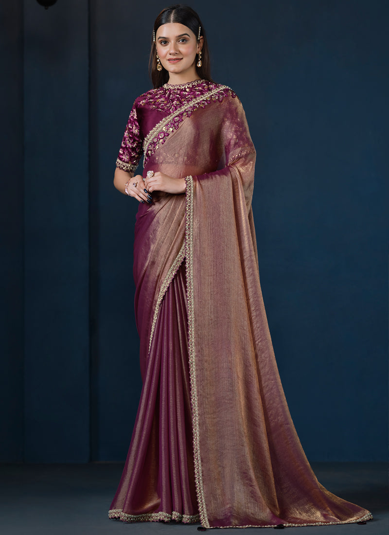 Rose Gold Embellished Crepe Satin Silk Saree