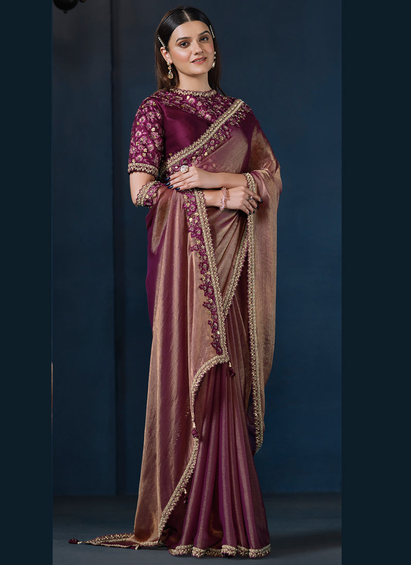 Rose Gold Embellished Crepe Satin Silk Saree