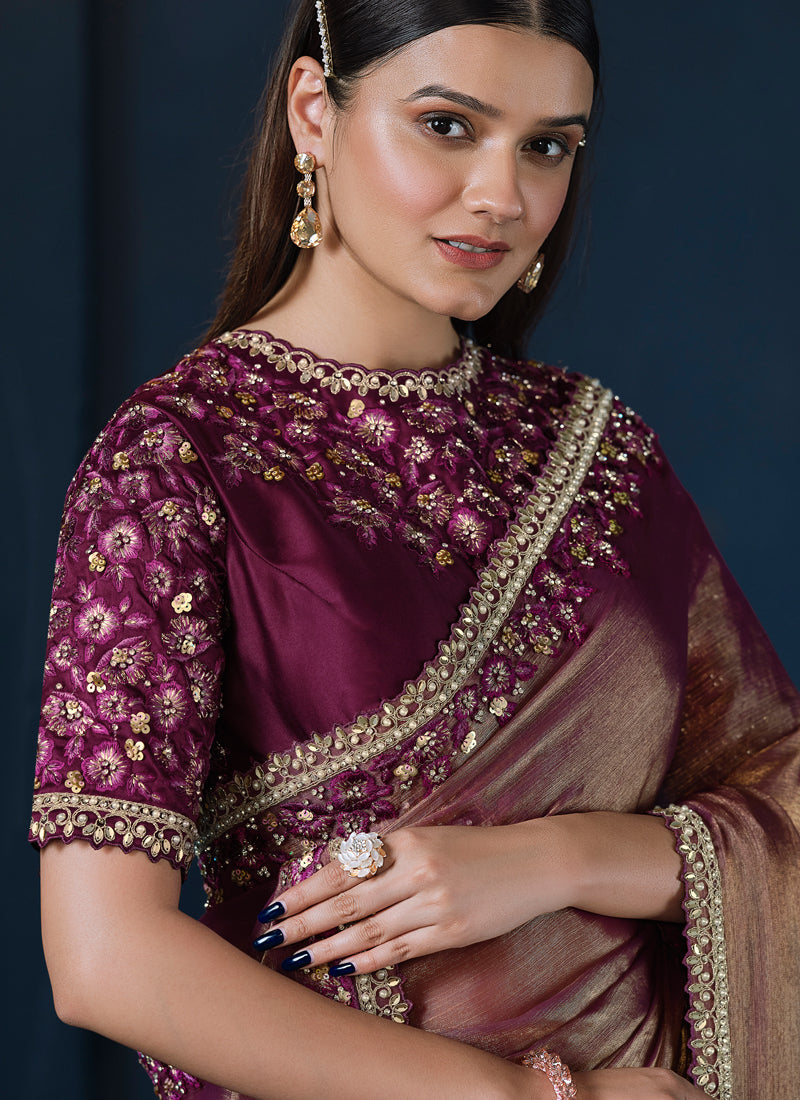 Rose Gold Embellished Crepe Satin Silk Saree