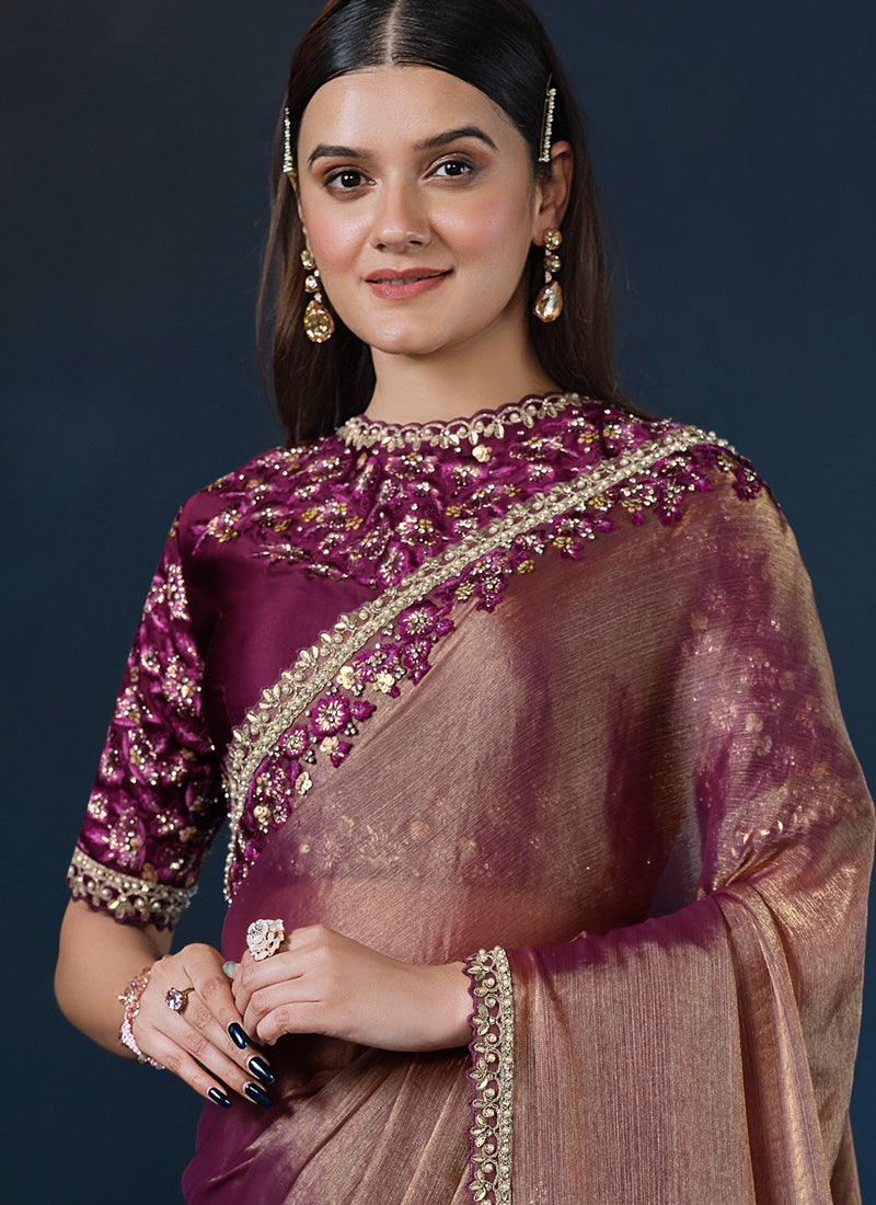 Rose Gold Embellished Crepe Satin Silk Saree