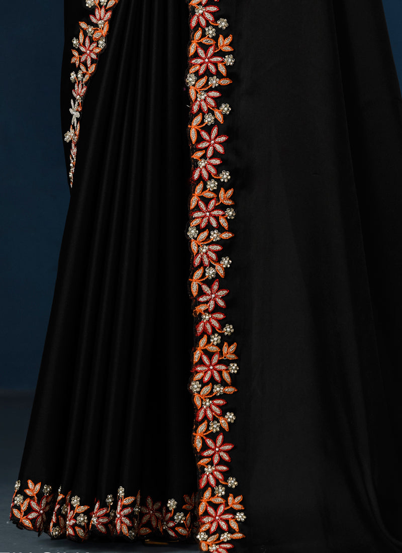 Noir Black Embroidered Crepe Satin Silk Saree